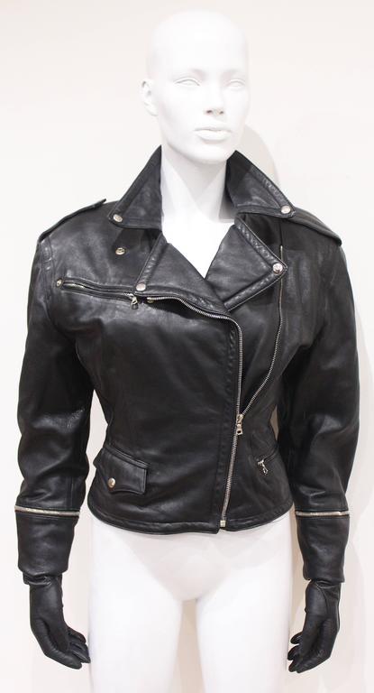 Josyln Clarke leather motorcycle jacket with attached gloves, c. 1980s ...