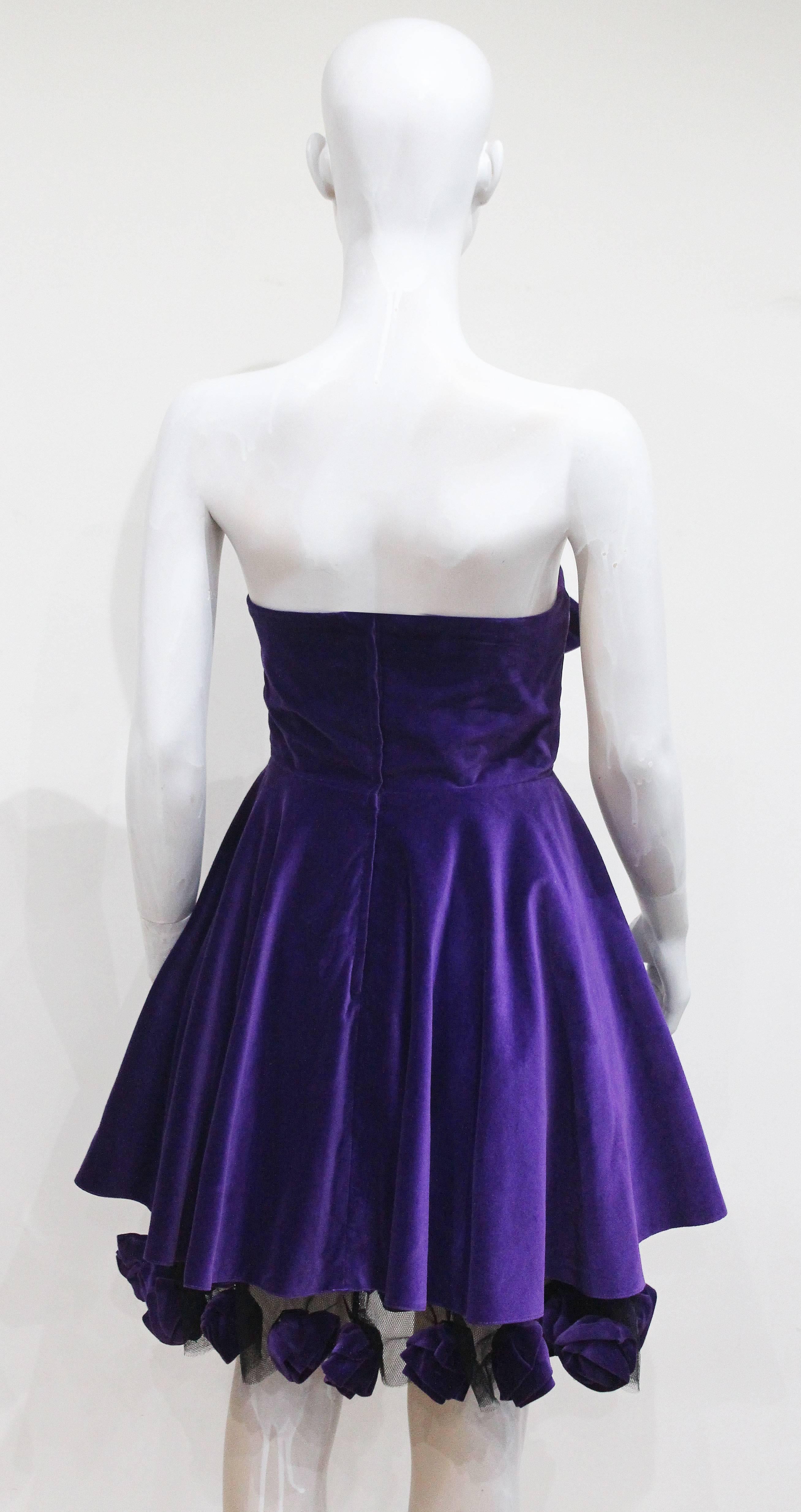 Purple Monica Chong floral applique velvet cocktail dress, c. 1992