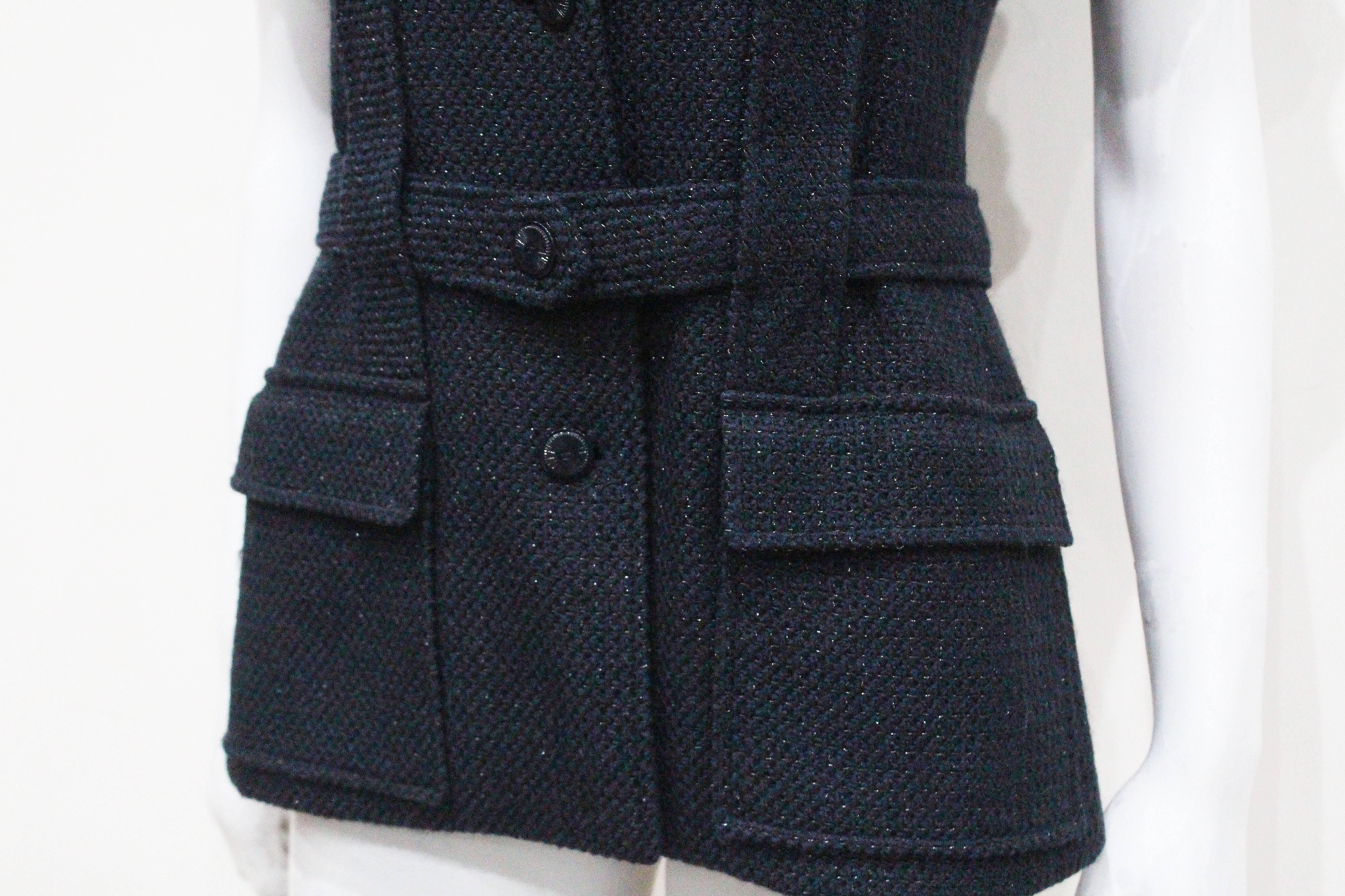 Black Chanel marine blue tweed short sleeved belted jacket, c. 2001