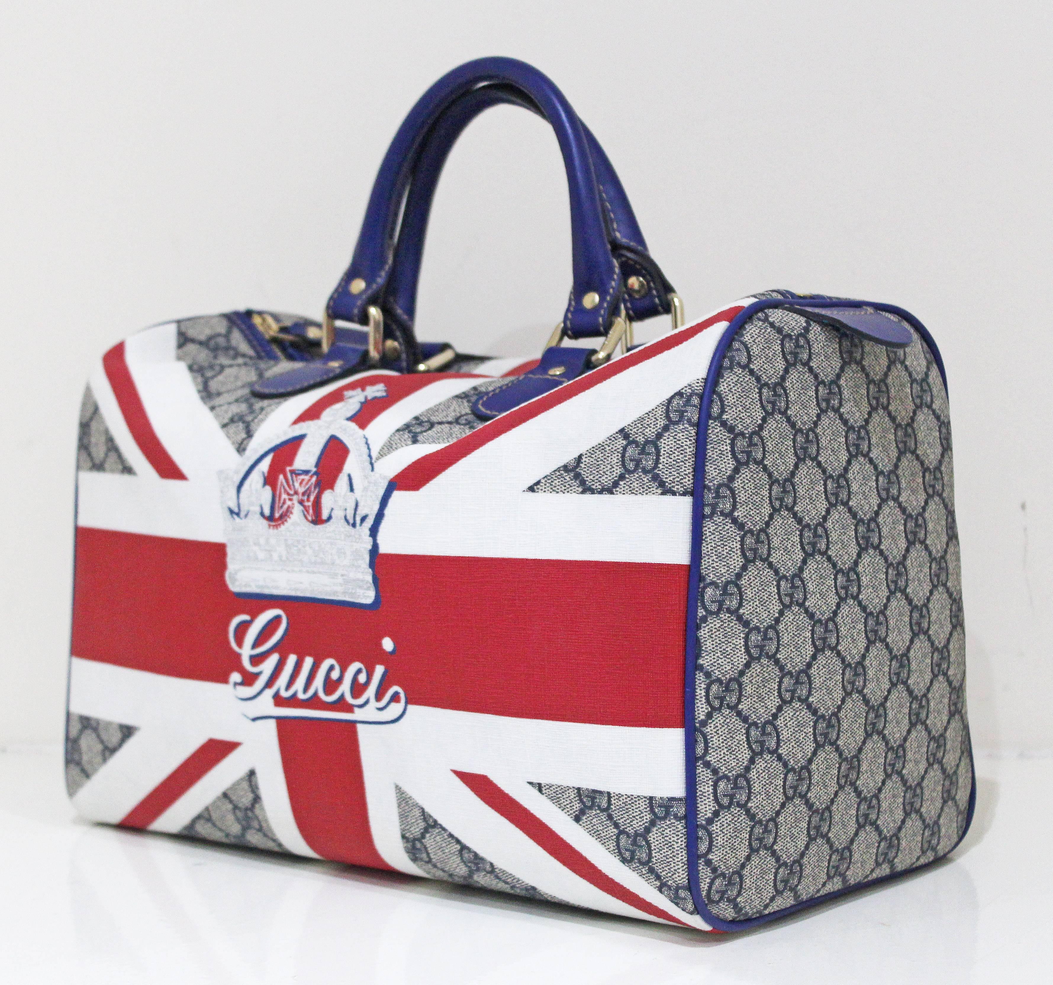 A Limited Edition Gucci union jacket 'Sloaney' bag from 2009. The bag was designed by Frida Giannini to celebrate the opening of the newly renovated Gucci flagship boutique on London’s Sloane Street. The bag features the Union Jack Flag on top of