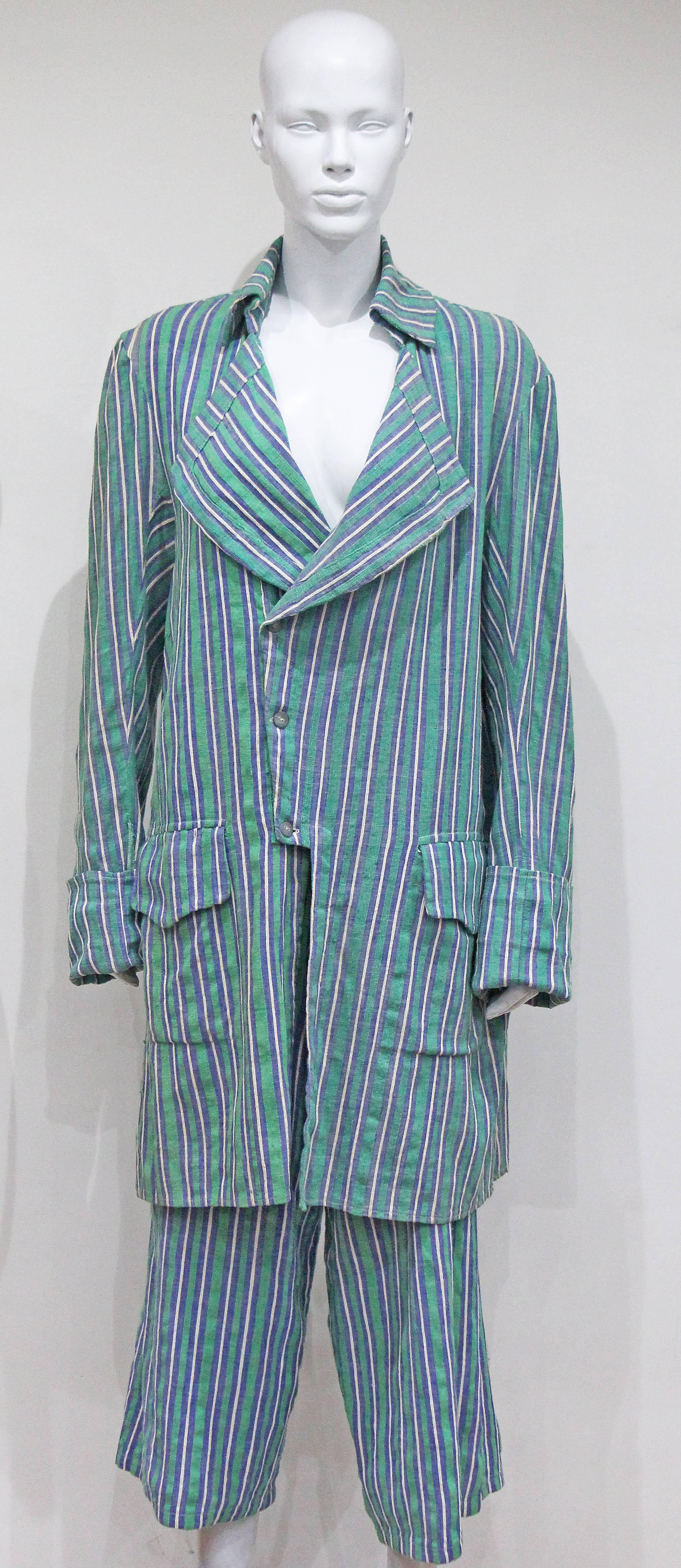 A striped Pirate pant suit by Vivienne Westwood and Malcolm McLaren for there boutique 'World's End'. This comes from McLaren and Westwood's first catwalk show, the Pirate collection (A/W 1981-2). The pant suit is made of a striped heavy cotton in