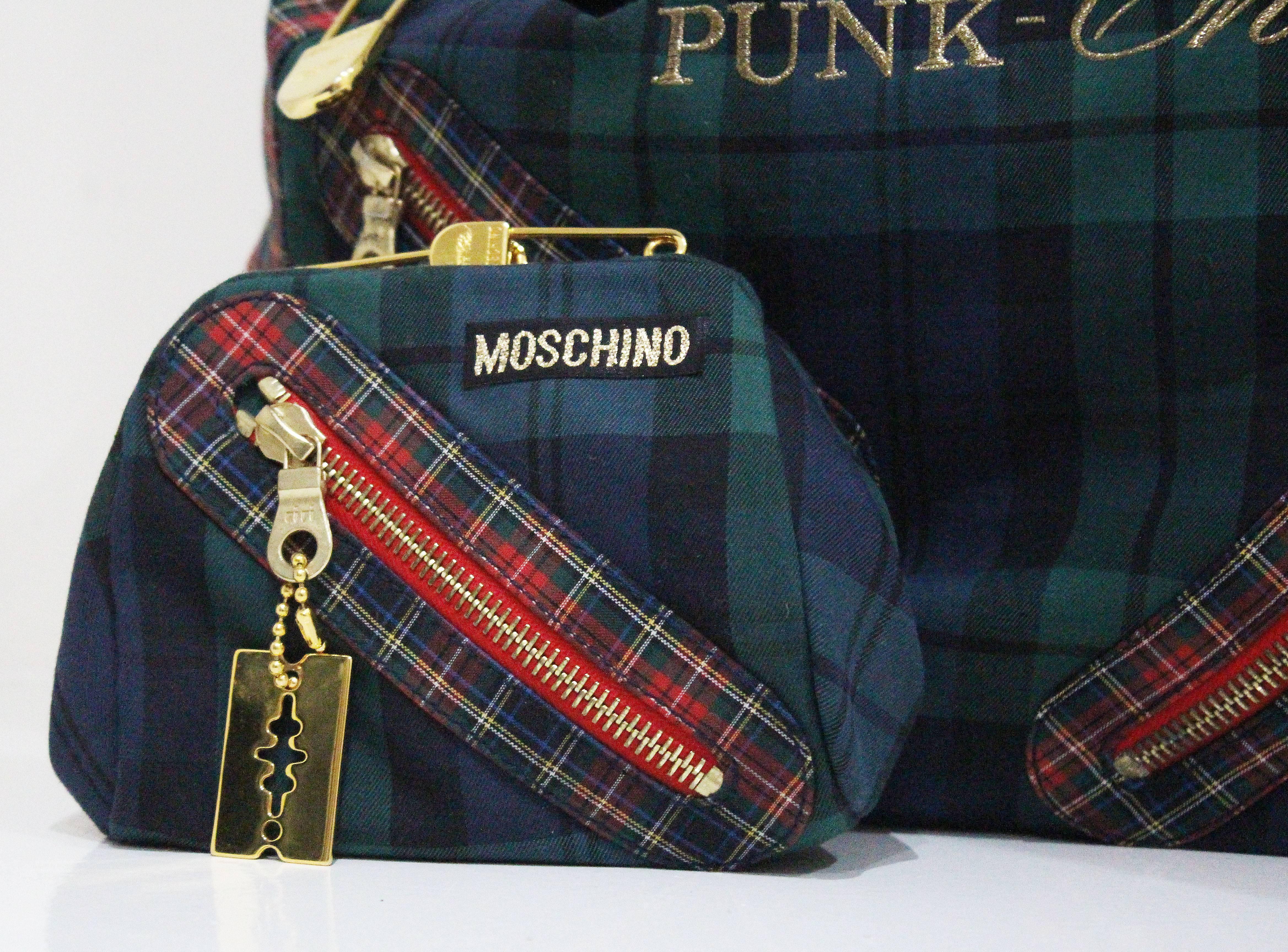 Women's Moschino tartan Punk Chic! large tote bag with purse, c. 1990s 
