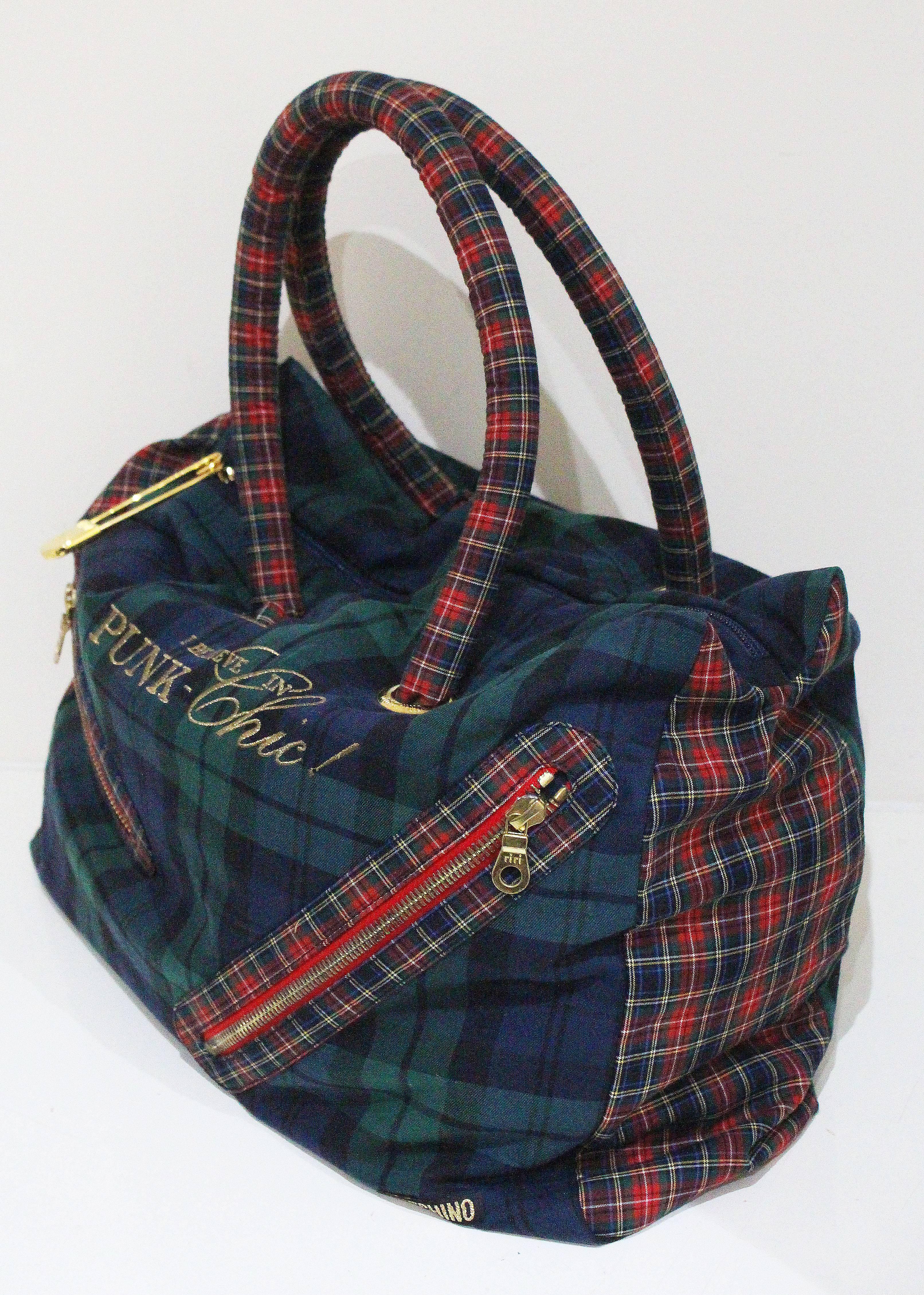 Black Moschino tartan Punk Chic! large tote bag with purse, c. 1990s 