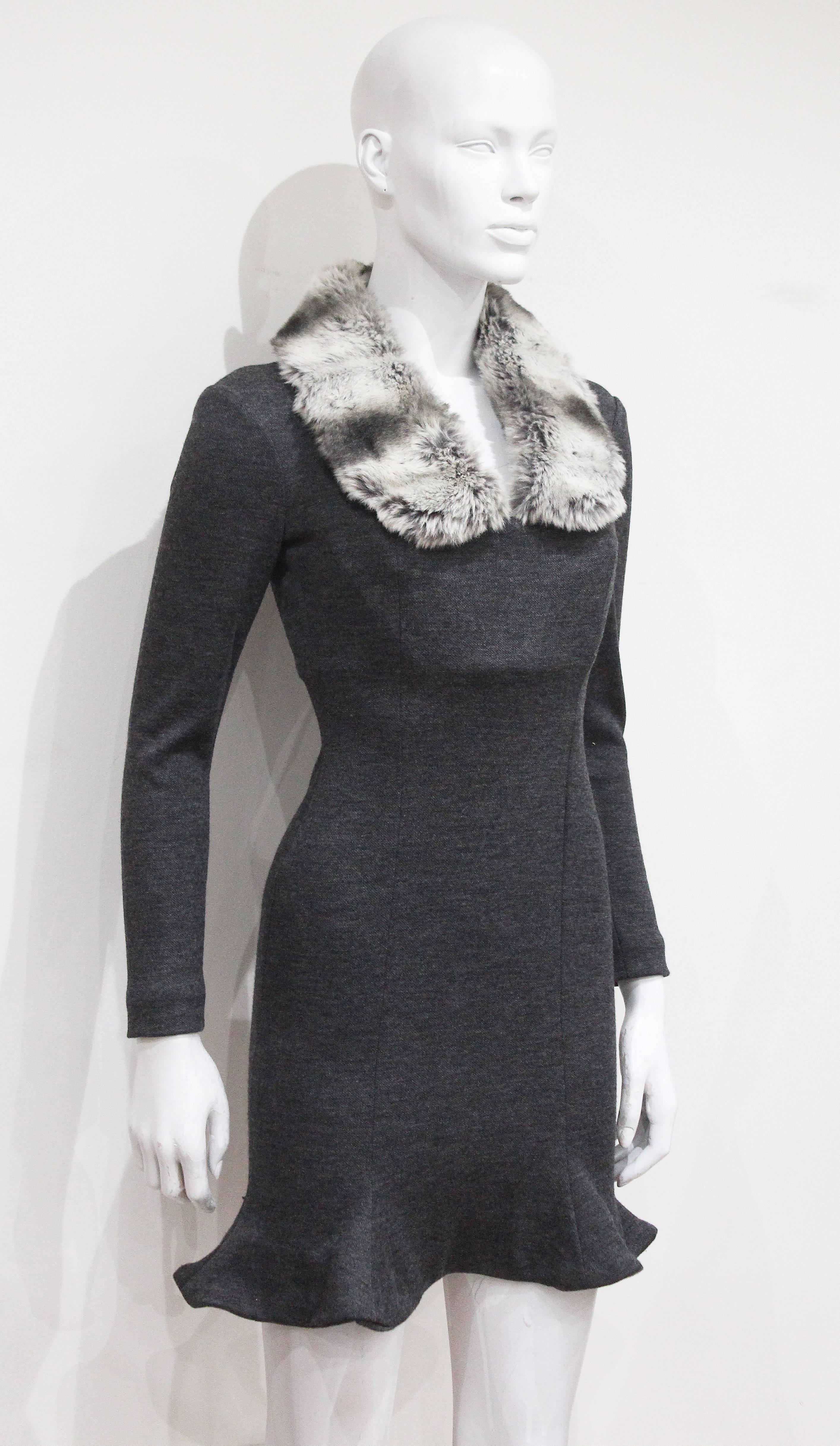 Black Vivienne Westwood Corseted Woollen Dress With Faux Fur Collar, c 1990s