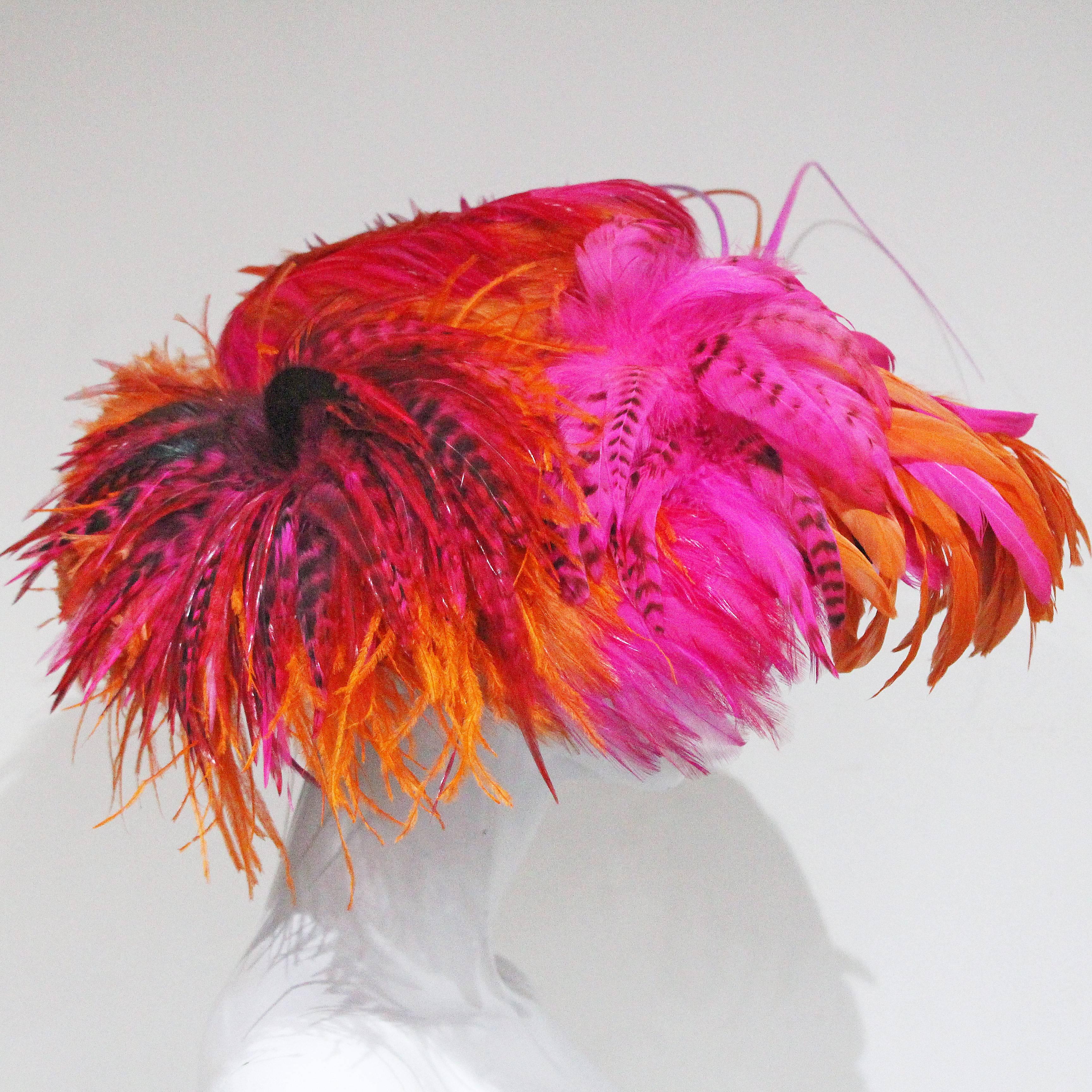 Stephen Jones fuchsia and orange feathered hat, c. 1990s  In New Condition In London, GB