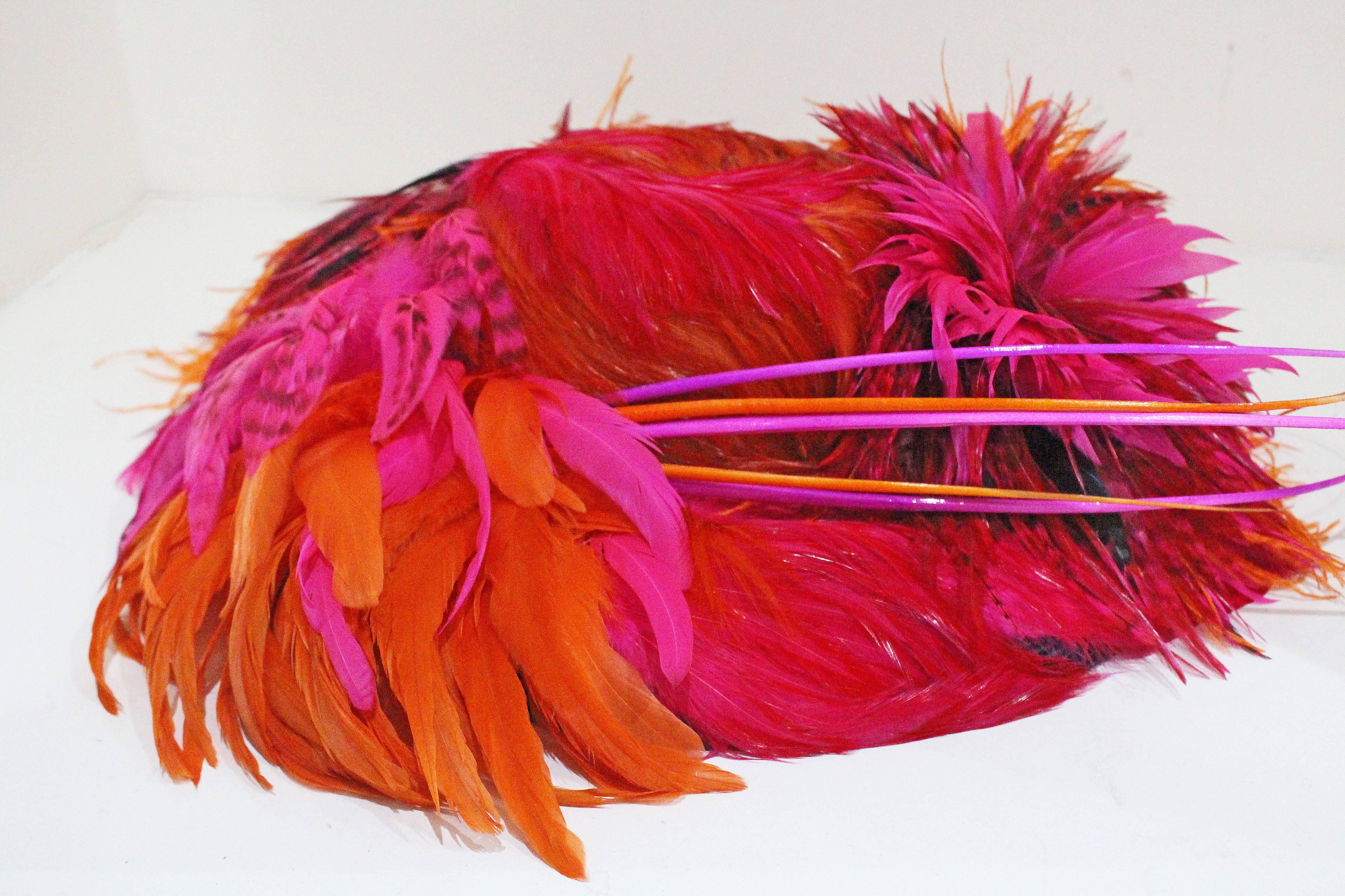 Stephen Jones fuchsia and orange feathered hat, c. 1990s  1