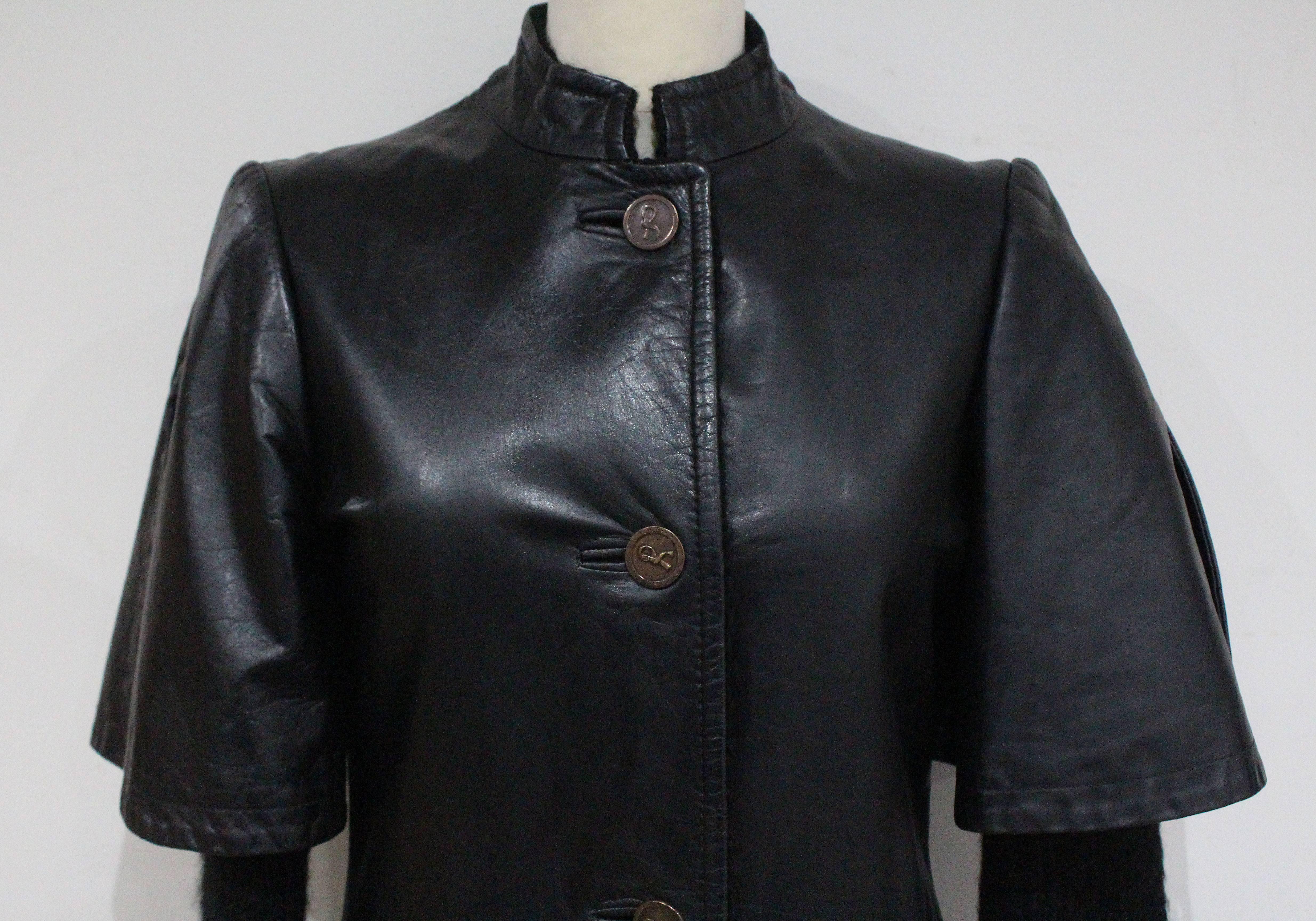 Black Roberta Di Camerino leather coat with knitted sleeves, c. 1970s