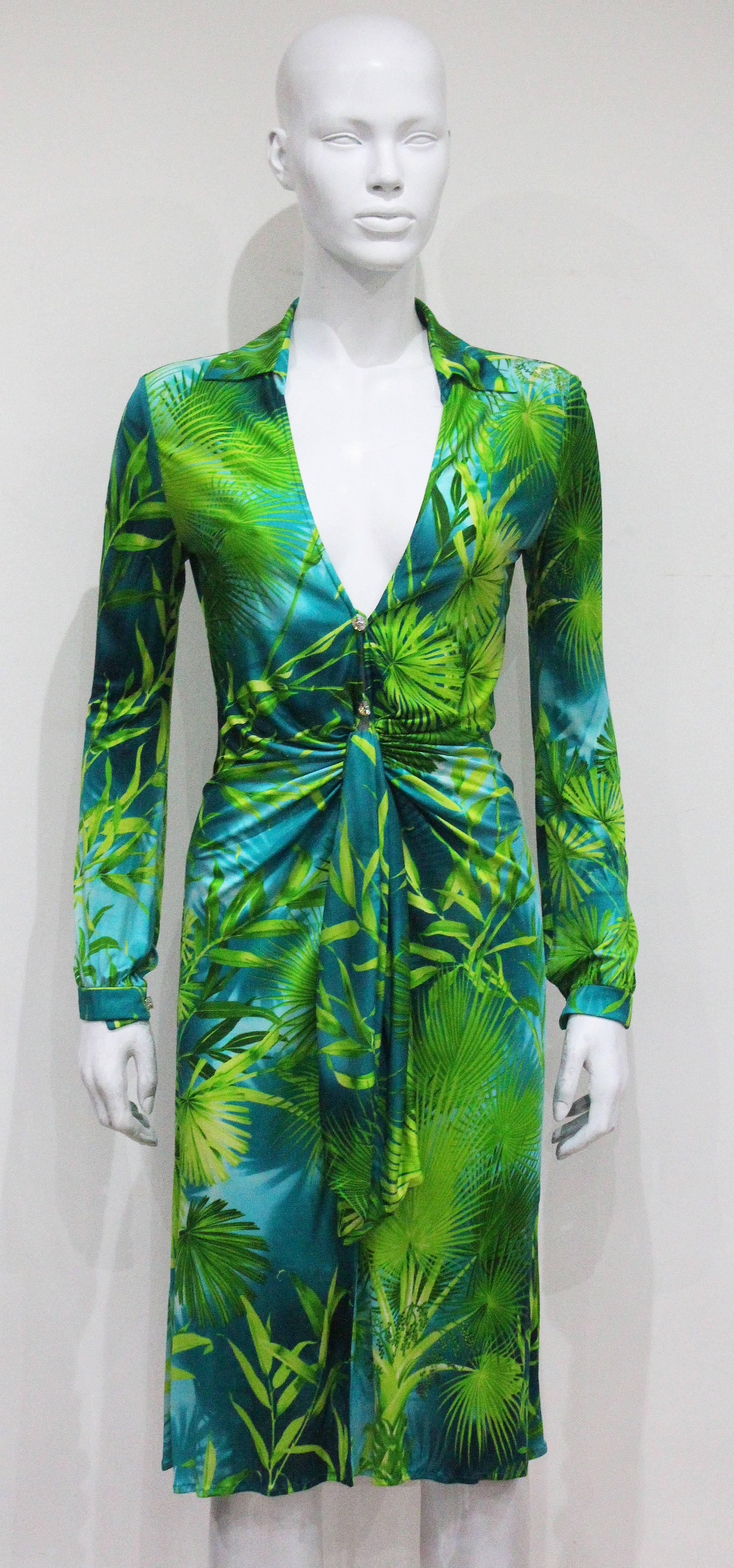 Gianni Versace jungle print silk jersey low plunge dress, c. 2000 1