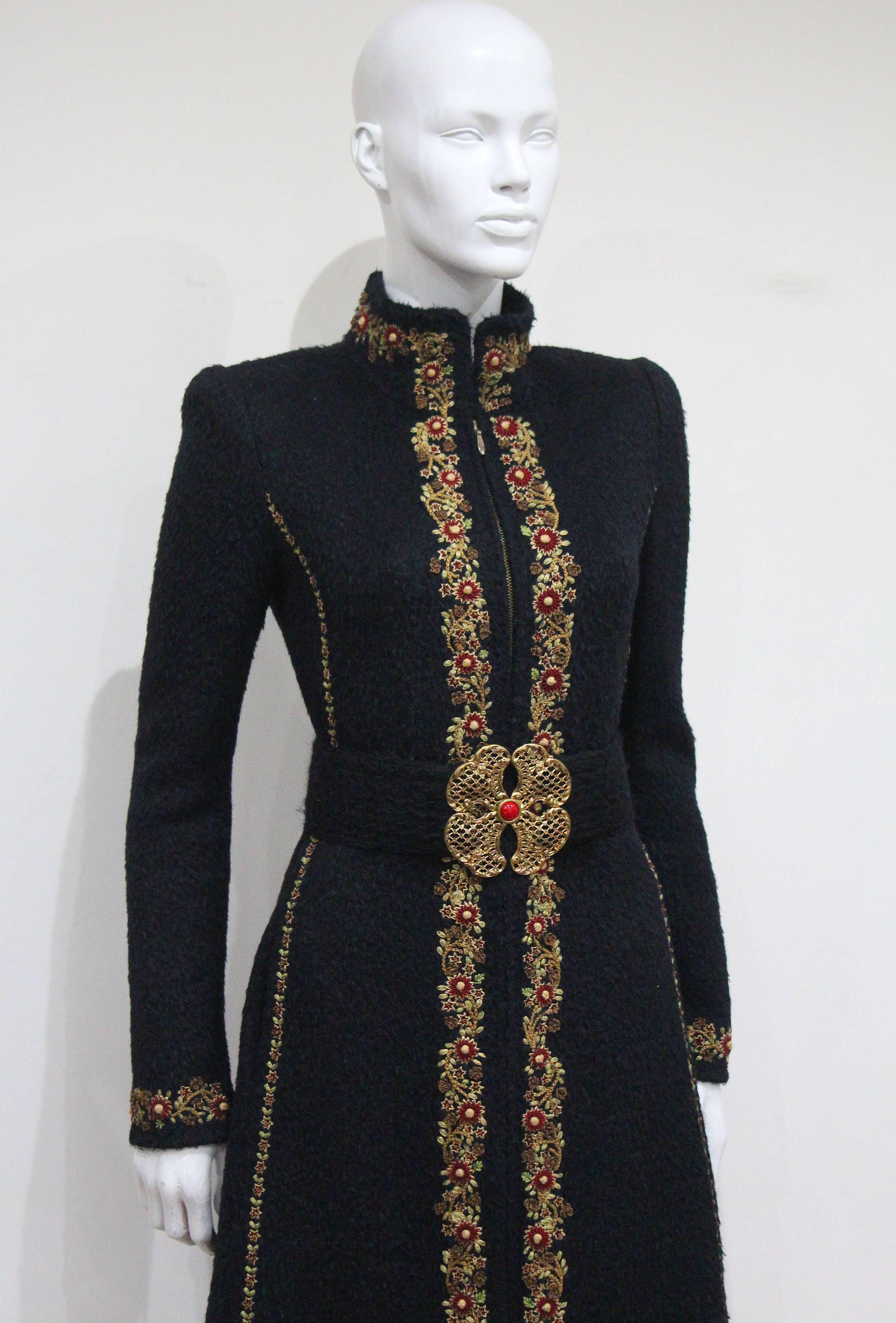 Black Oscar De La Renta hand embroidered woollen coat, c. 1990s 