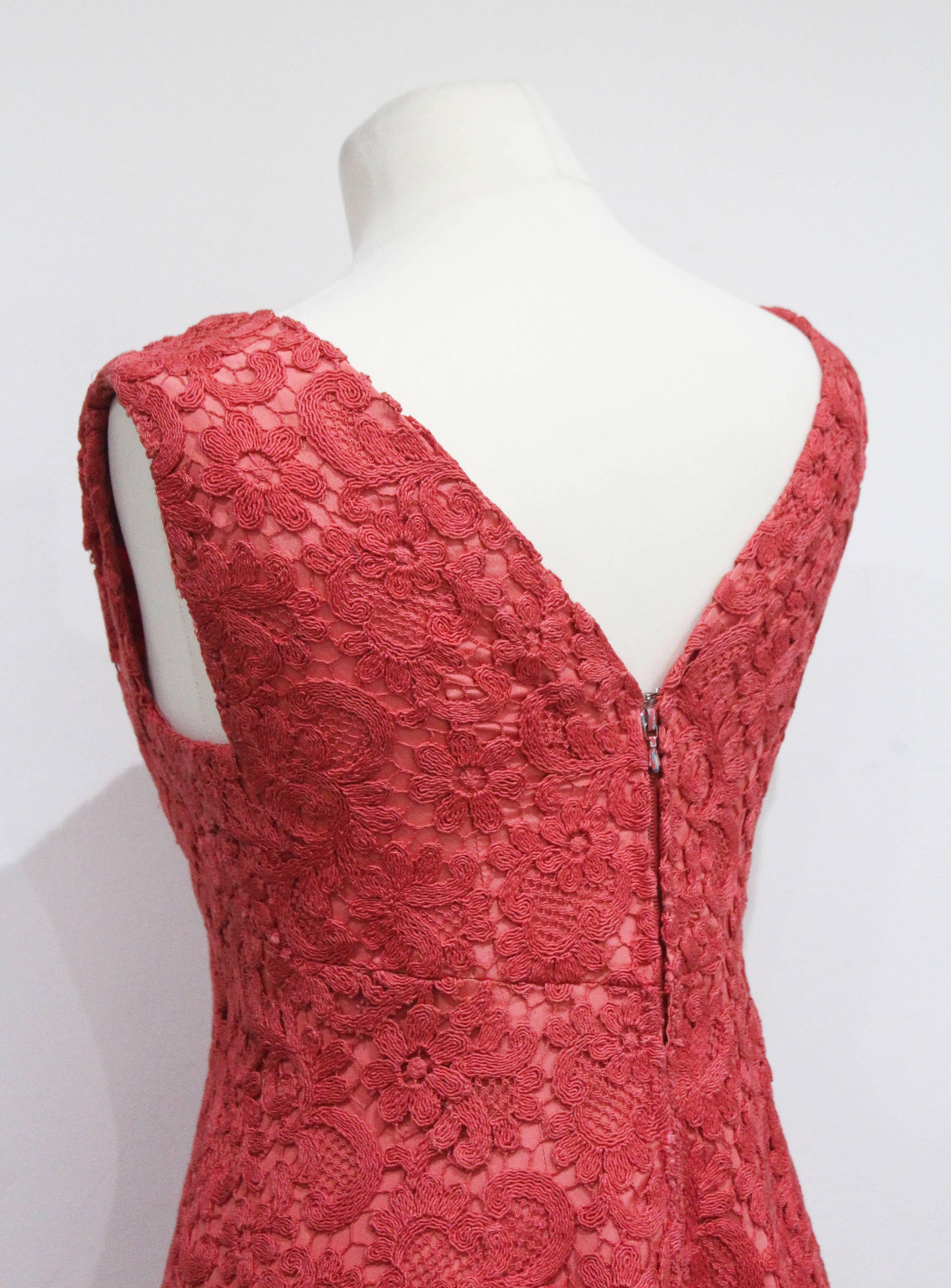 Red Rose Bertin haute couture macrame lace coral a-line dress, c. 1960s 