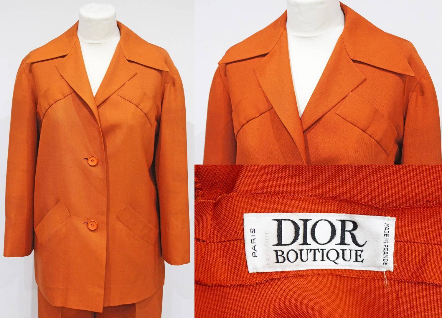 Women's Christian Dior burnt orange raw silk pant suit with cone bra, c. 1950s