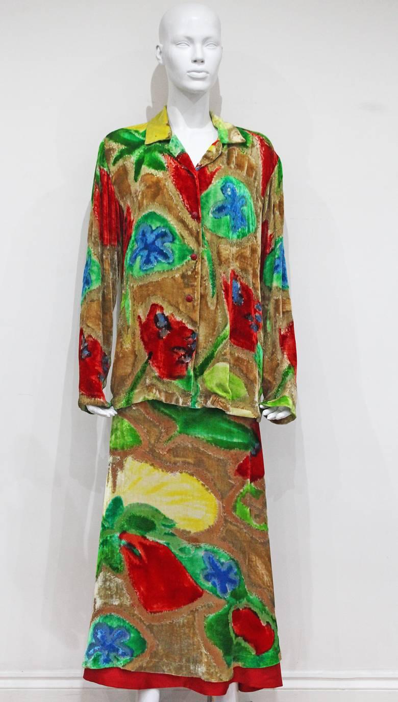 Brown Issey Miyake abstract floral devoré skirt suit, c. 1990s