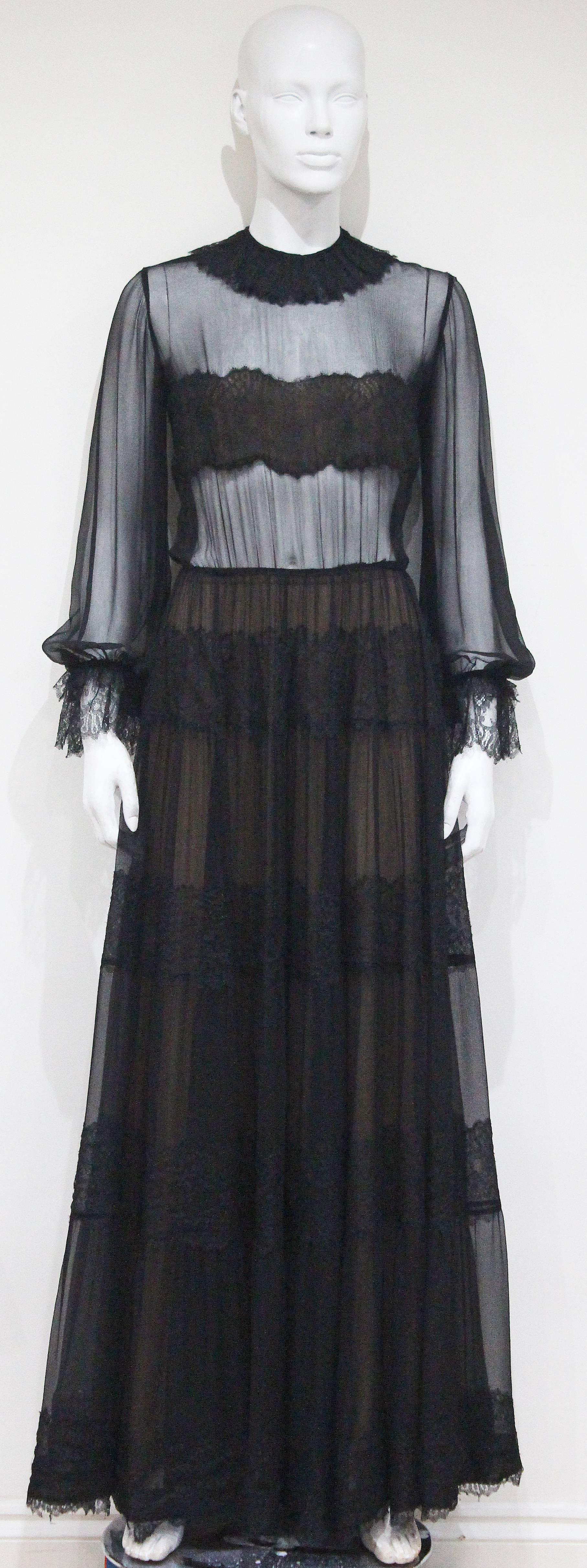 Yves Saint Laurent Haute Couture chantilly lace and chiffon evening gown, c.1970 In Excellent Condition In London, GB