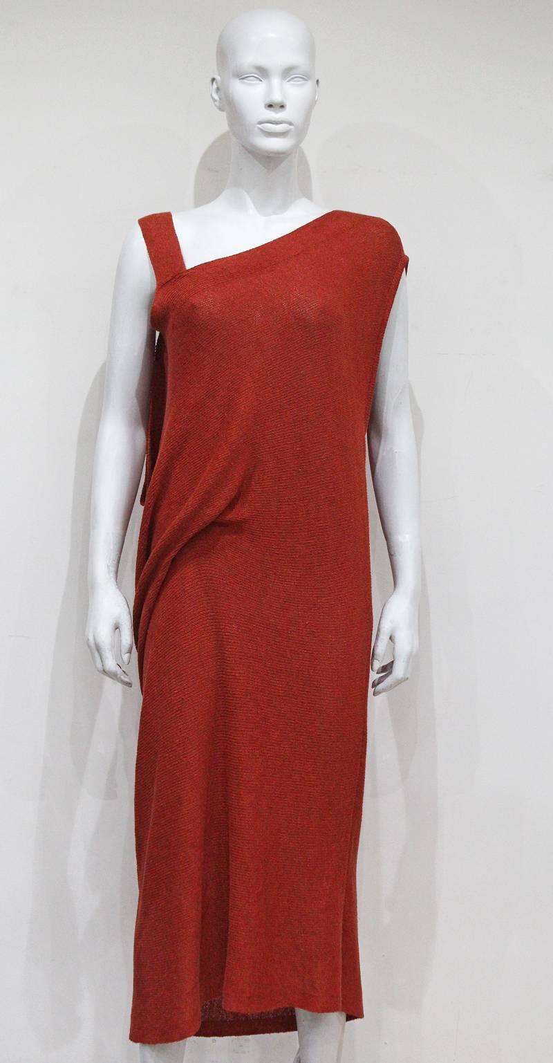 Red Issey Miyake burnt orange knitted asymmetric dress, c. 1980s  