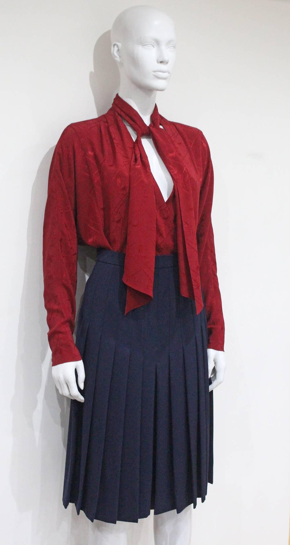 Hermes pleated skirt and silk blouse ensemble, c. 1970s 1