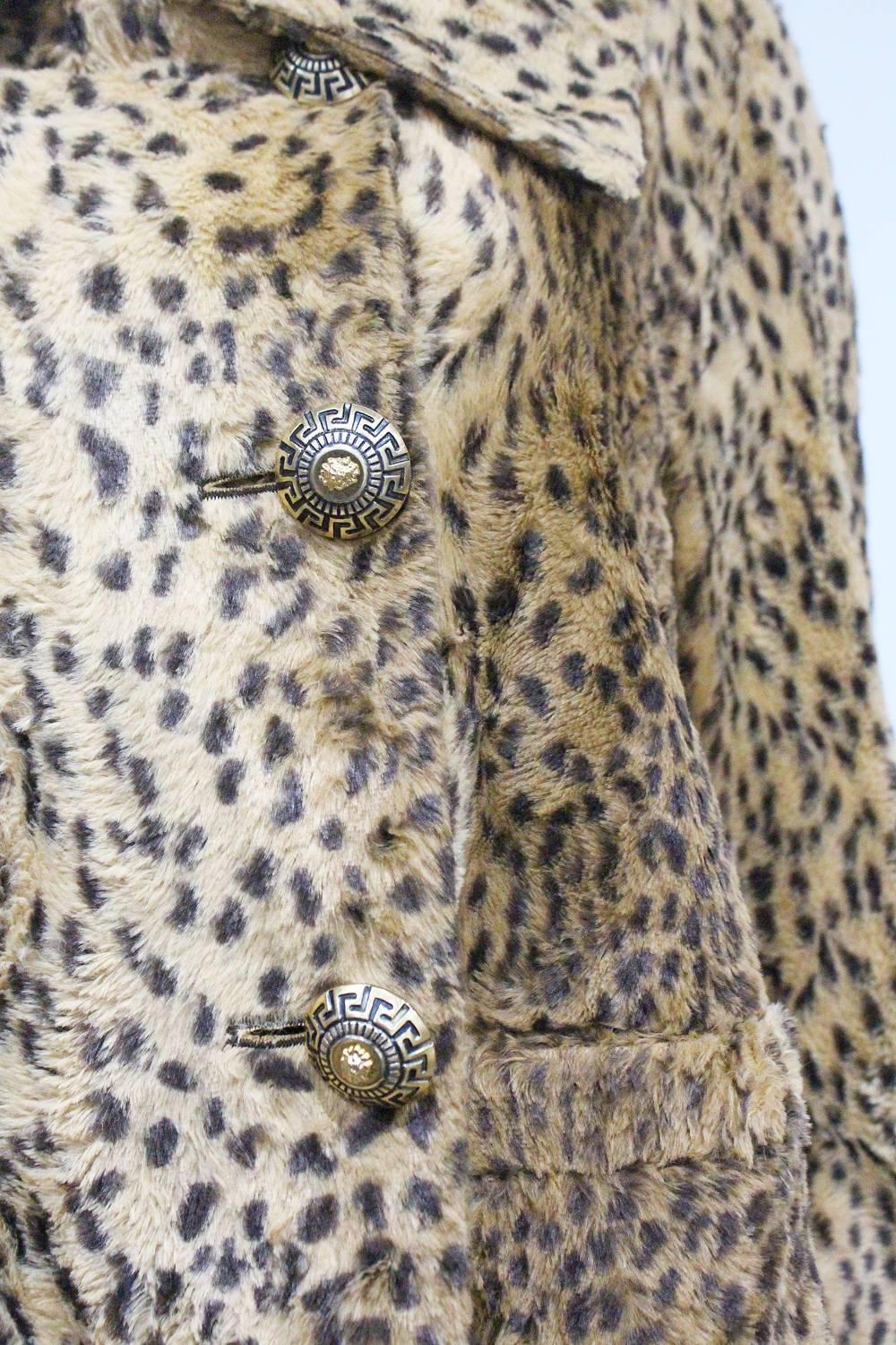 Brown Gianni Versace cheetah print faux fur jacket and dress ensemble, c. 1990s  For Sale