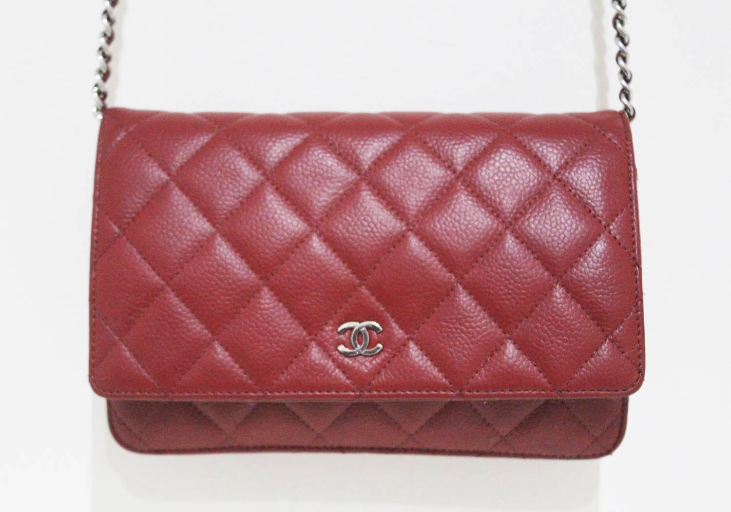 Brown Chanel red caviar quilted cross body wallet-on-chain WOC flap bag 