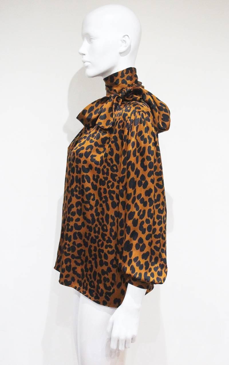 Brown Yves Saint Laurent leopard print silk blouse, c. 1970s