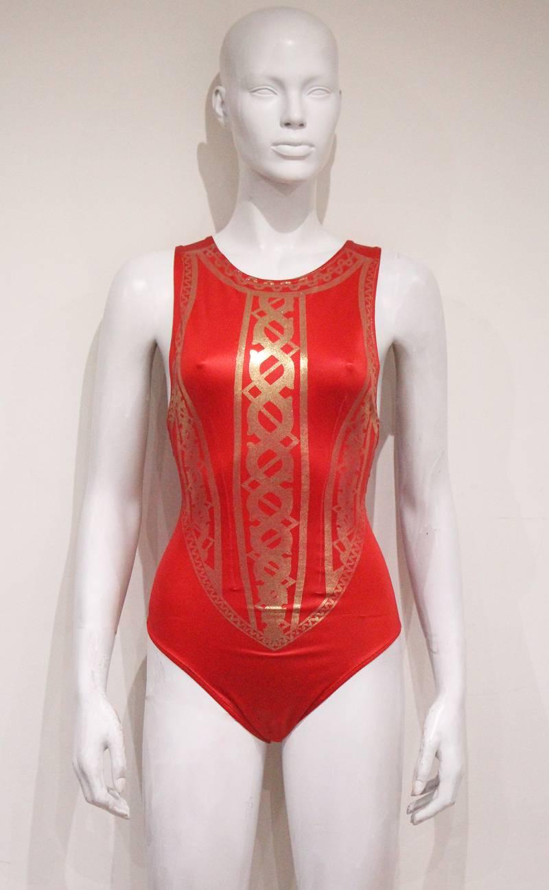 Vivienne Westwood red leotard with metallic gold print, c. 1980s In Good Condition In London, GB