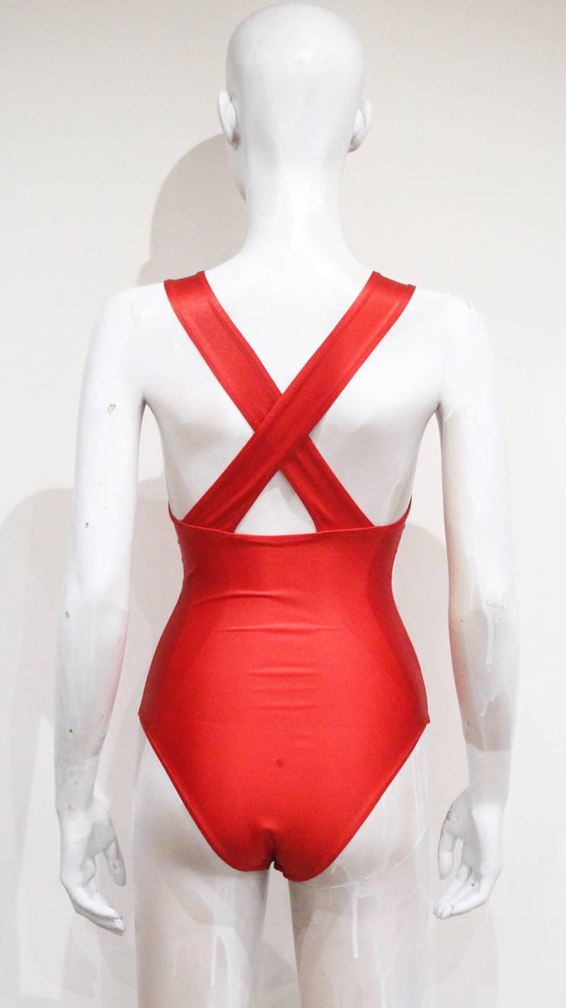 Women's Vivienne Westwood red leotard with metallic gold print, c. 1980s