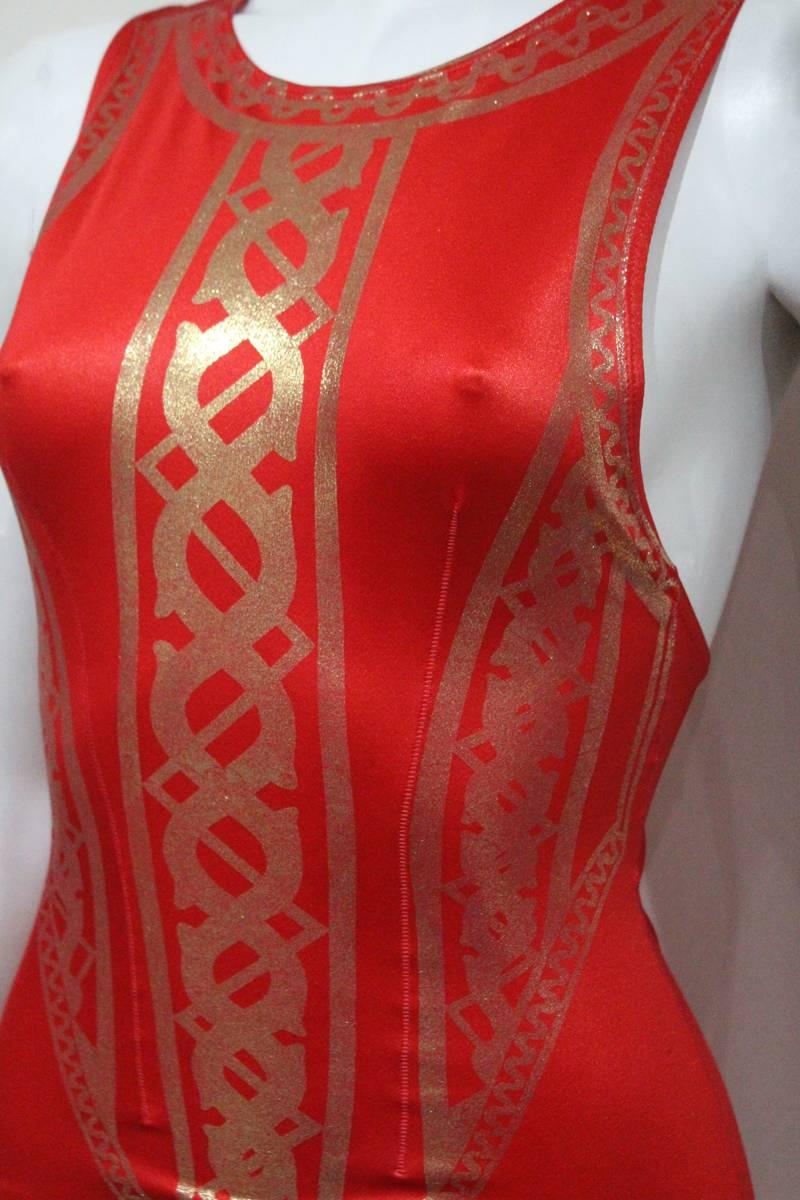 Red Vivienne Westwood red leotard with metallic gold print, c. 1980s