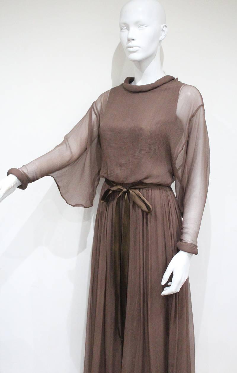 Jean Varon by John Bates taupe chiffon evening gown, c. 1970s 1