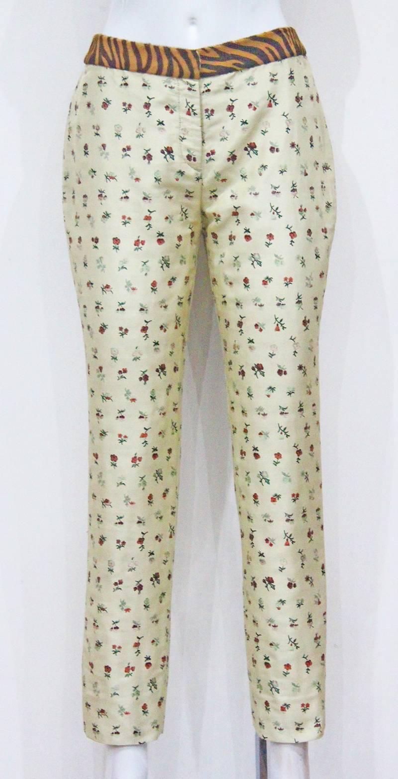 Beige Gianni Versace floral silk cigarette pants with zebra pony skin belt, c. 1990s