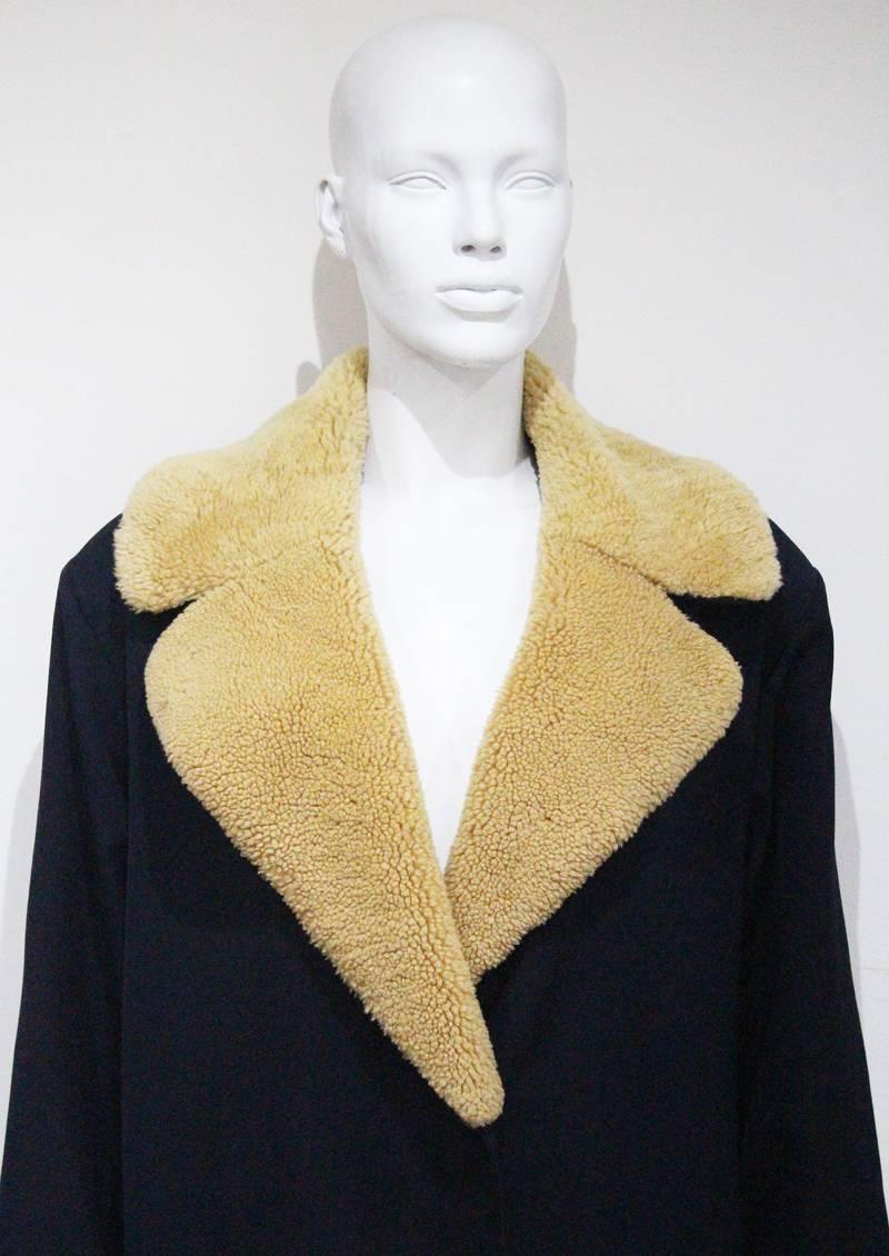 Women's or Men's Jean Paul Gaultier navy coat with oversized sheepskin collar, c.1980s