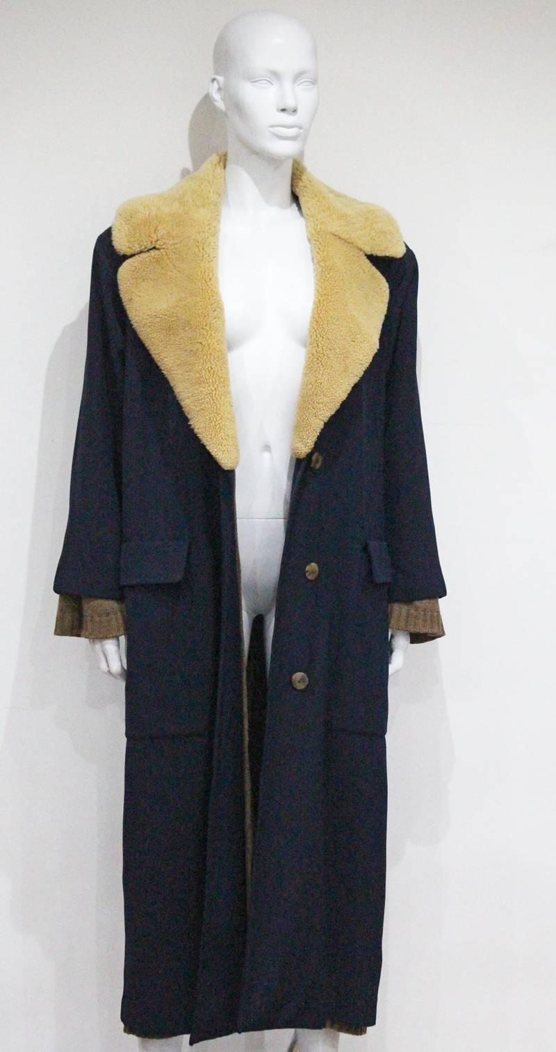 Jean Paul Gaultier navy coat with oversized sheepskin collar, c.1980s In Good Condition In London, GB