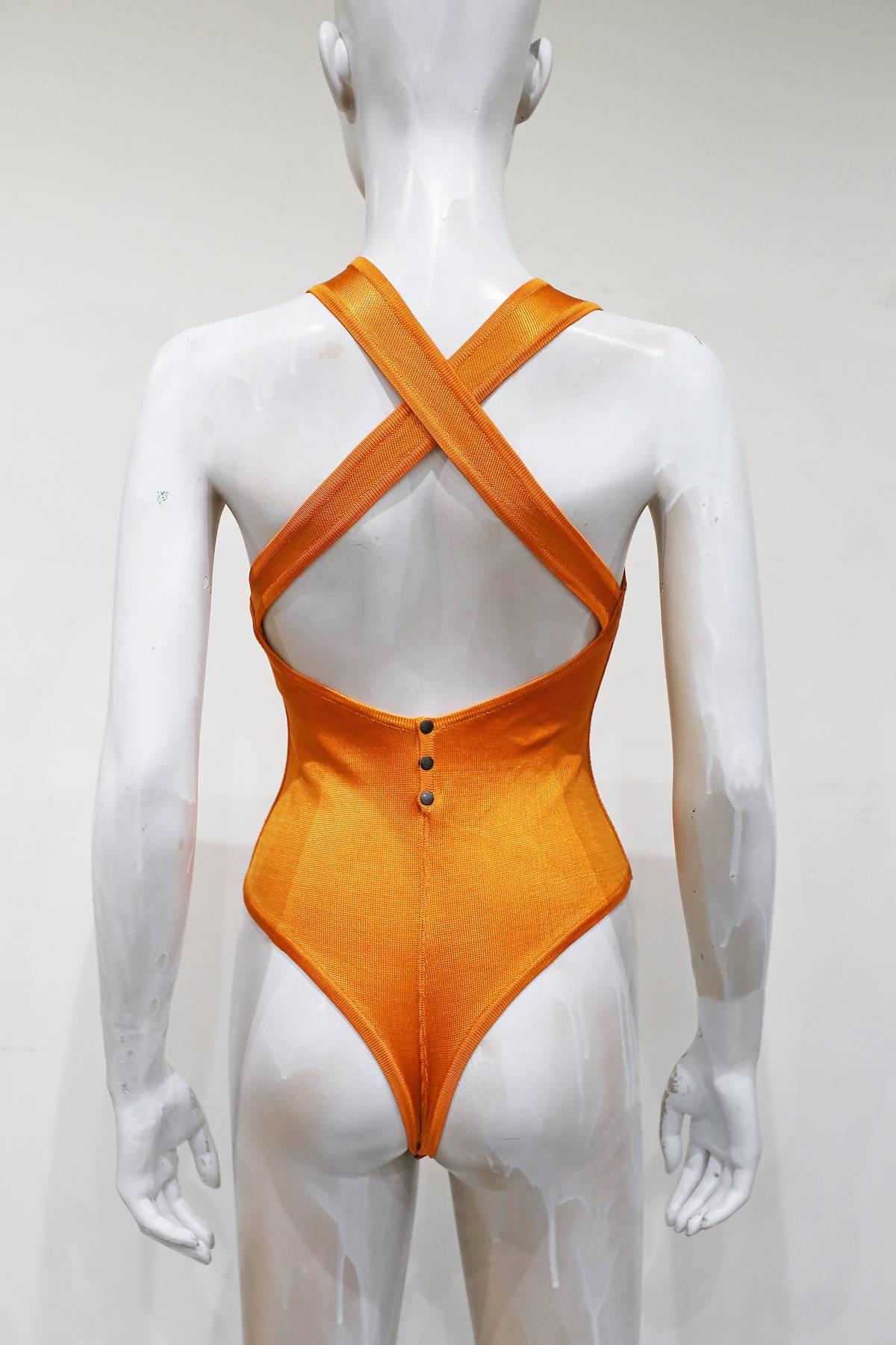 Alaia knitted orange bodysuit with cross over back, c. 1990s In Excellent Condition In London, GB