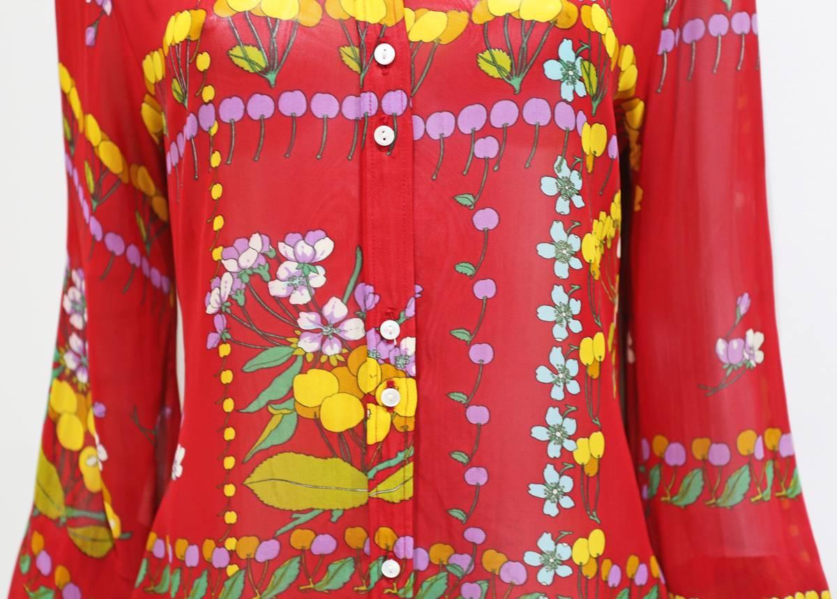 Red Jeff Banks floral chiffon bishop sleeve, c. 1970s