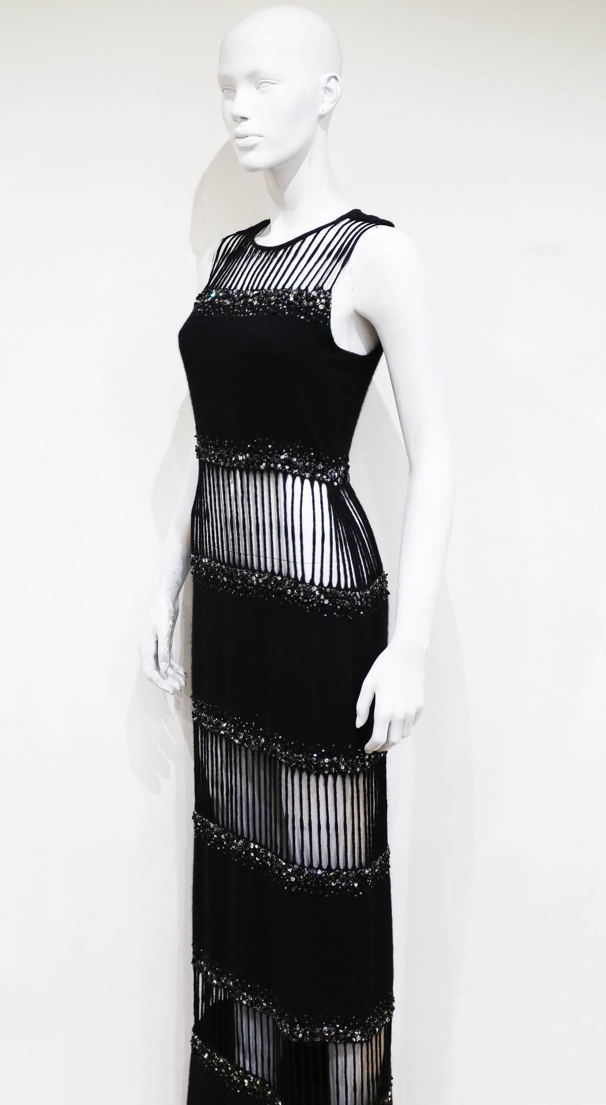 Black Hardy Amies Haute Couture embellished cut out evening dress, c. 1960s