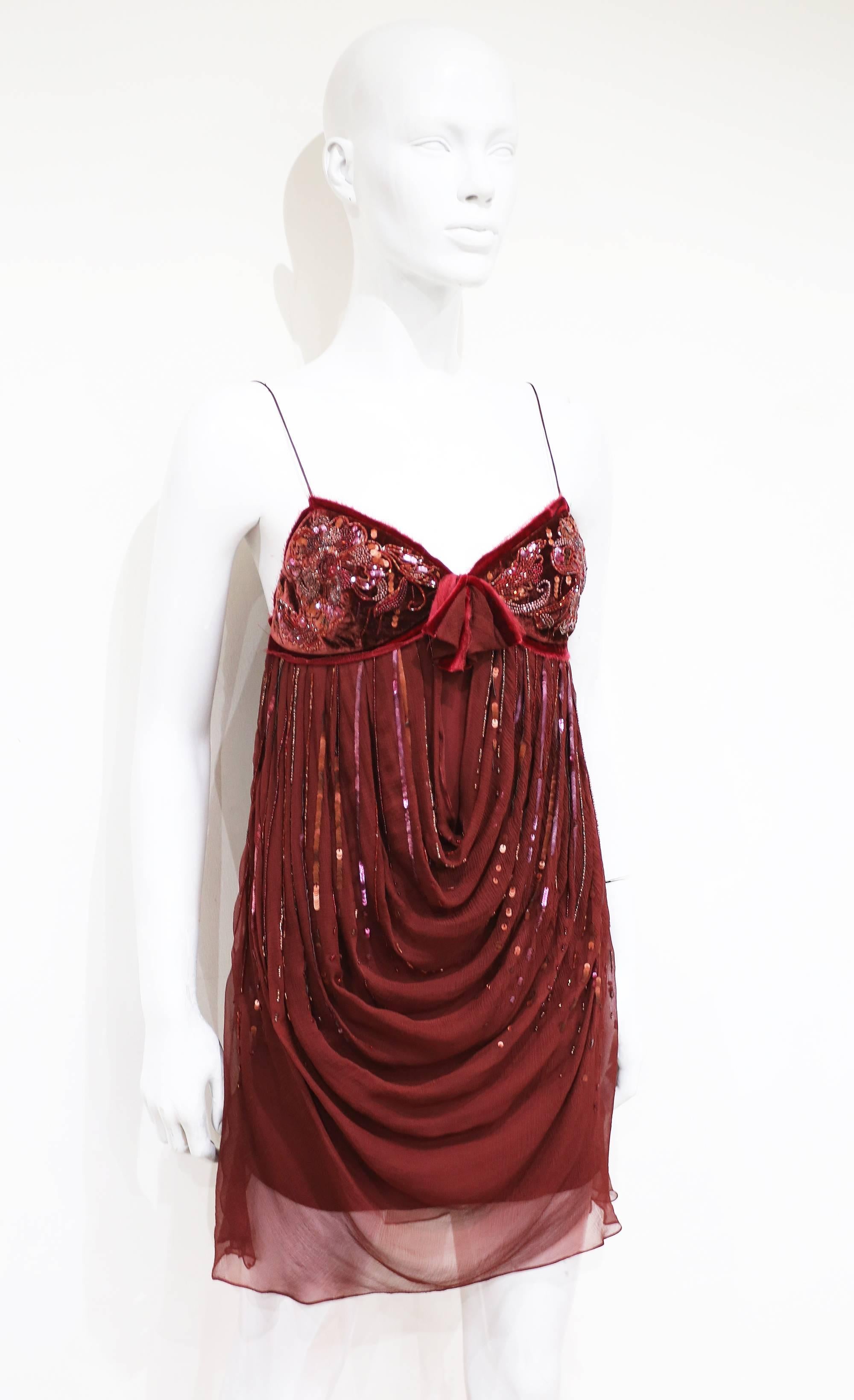 Brown Christian Dior red silk chiffon and velvet embellished evening dress, c. 2005
