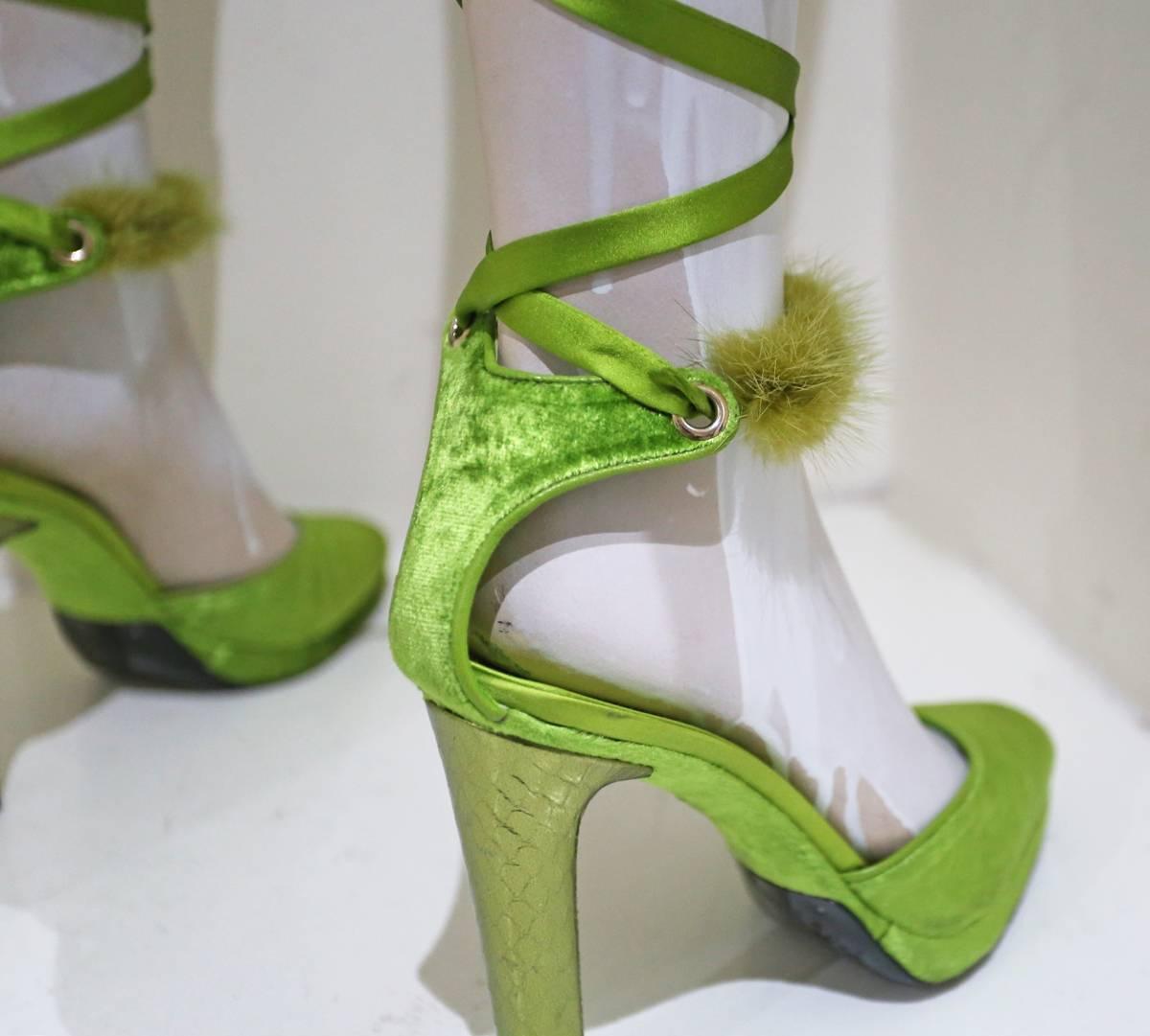 Gucci by Tom Ford green velvet platforms with mink fur and silk, c. 2004 1