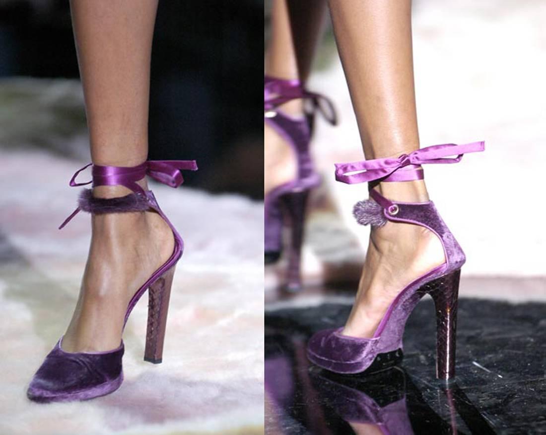 From Tom Fords last ever collection for Gucci and possibly one of his best. These Gucci velvet platforms featured on the runway and print campaign. The shoes feature a platform, snakeskin embosses leather heels, mink fur and silk tie-up fastening.