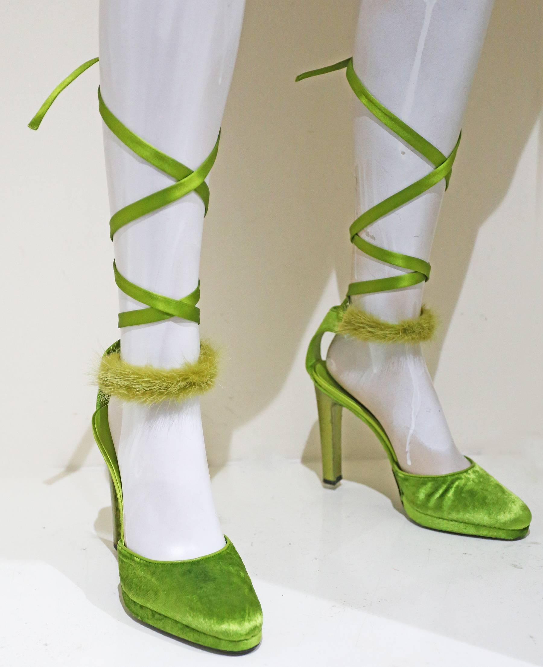 Gucci by Tom Ford green velvet platforms with mink fur and silk, c. 2004 2