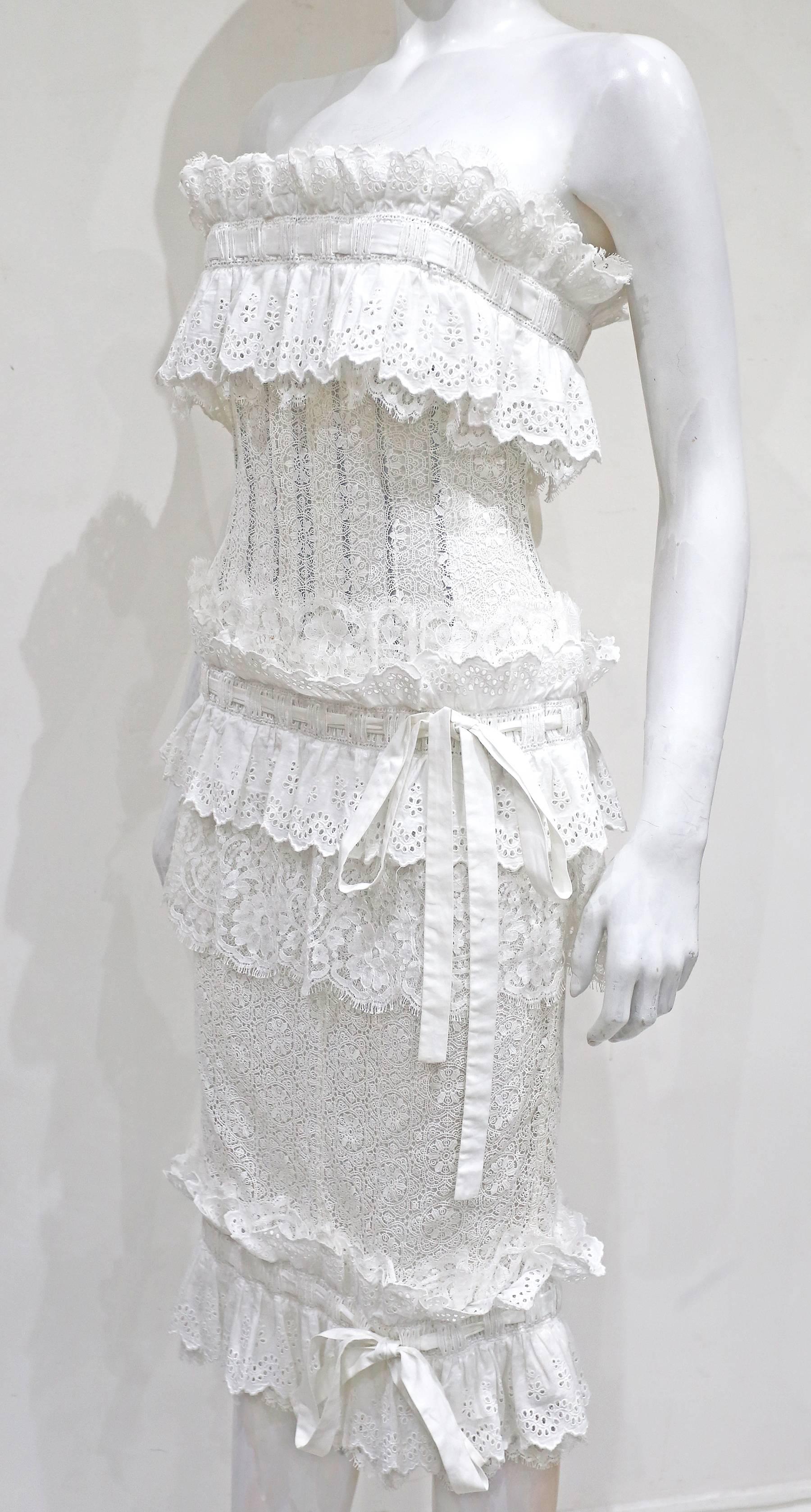 Dolce & Gabbana corseted broderie anglaise lace ruffled strapless dress, c.1990s 1