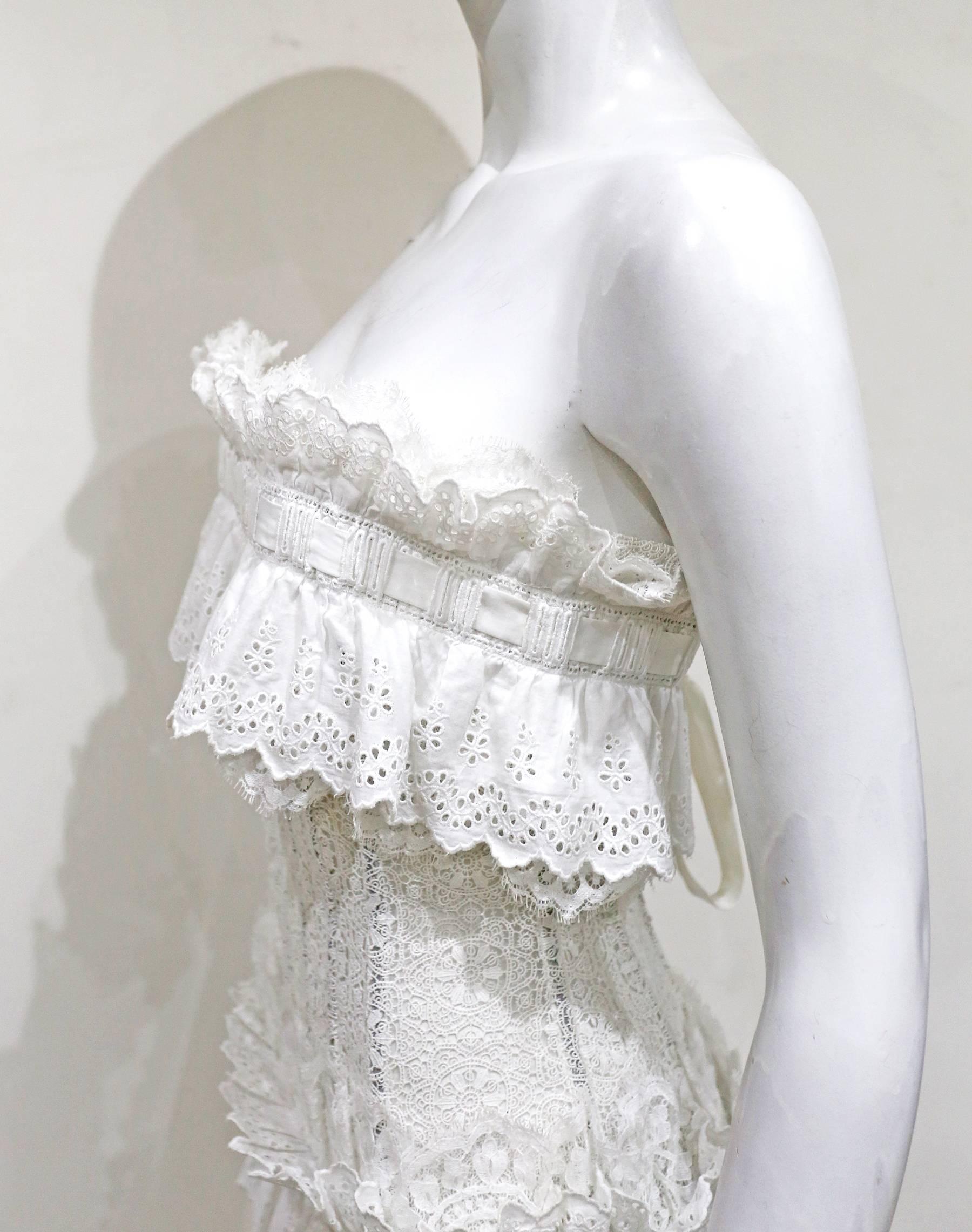 Dolce & Gabbana corseted broderie anglaise lace ruffled strapless dress, c.1990s 2