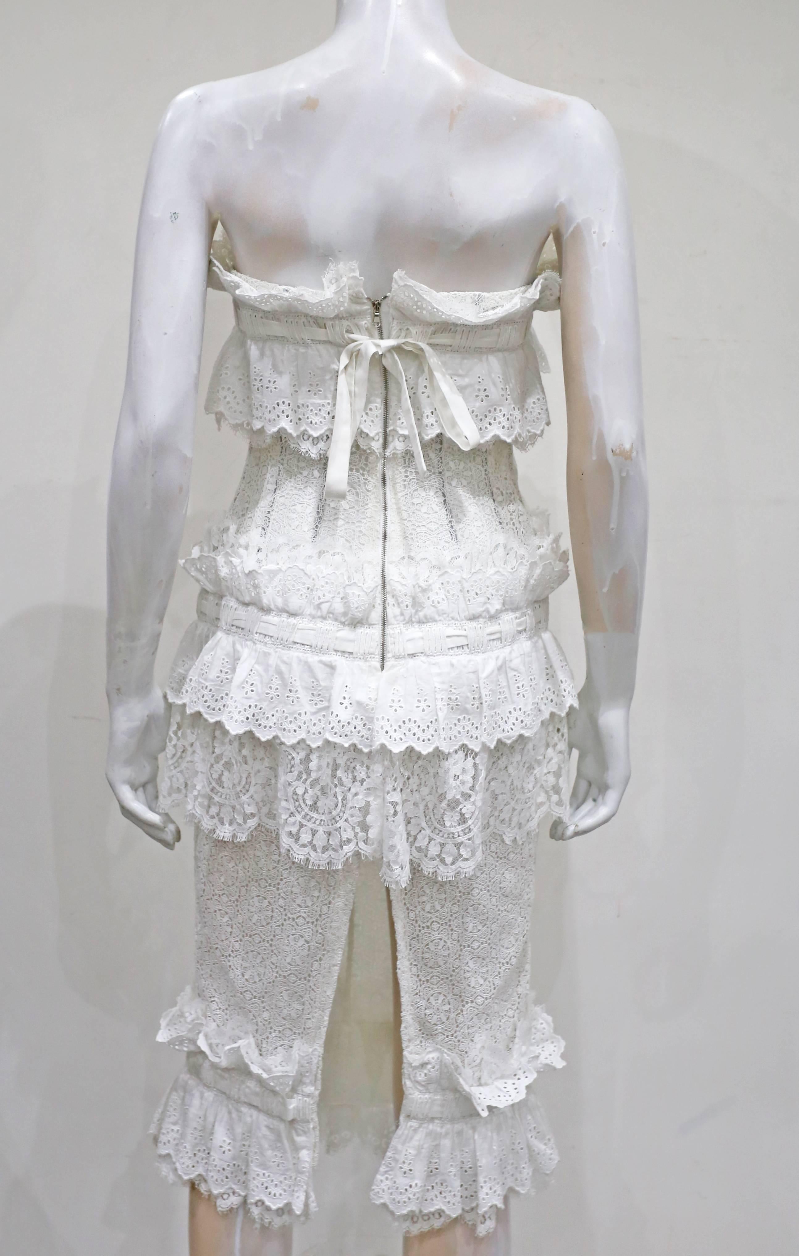 Dolce & Gabbana corseted broderie anglaise lace ruffled strapless dress, c.1990s 3