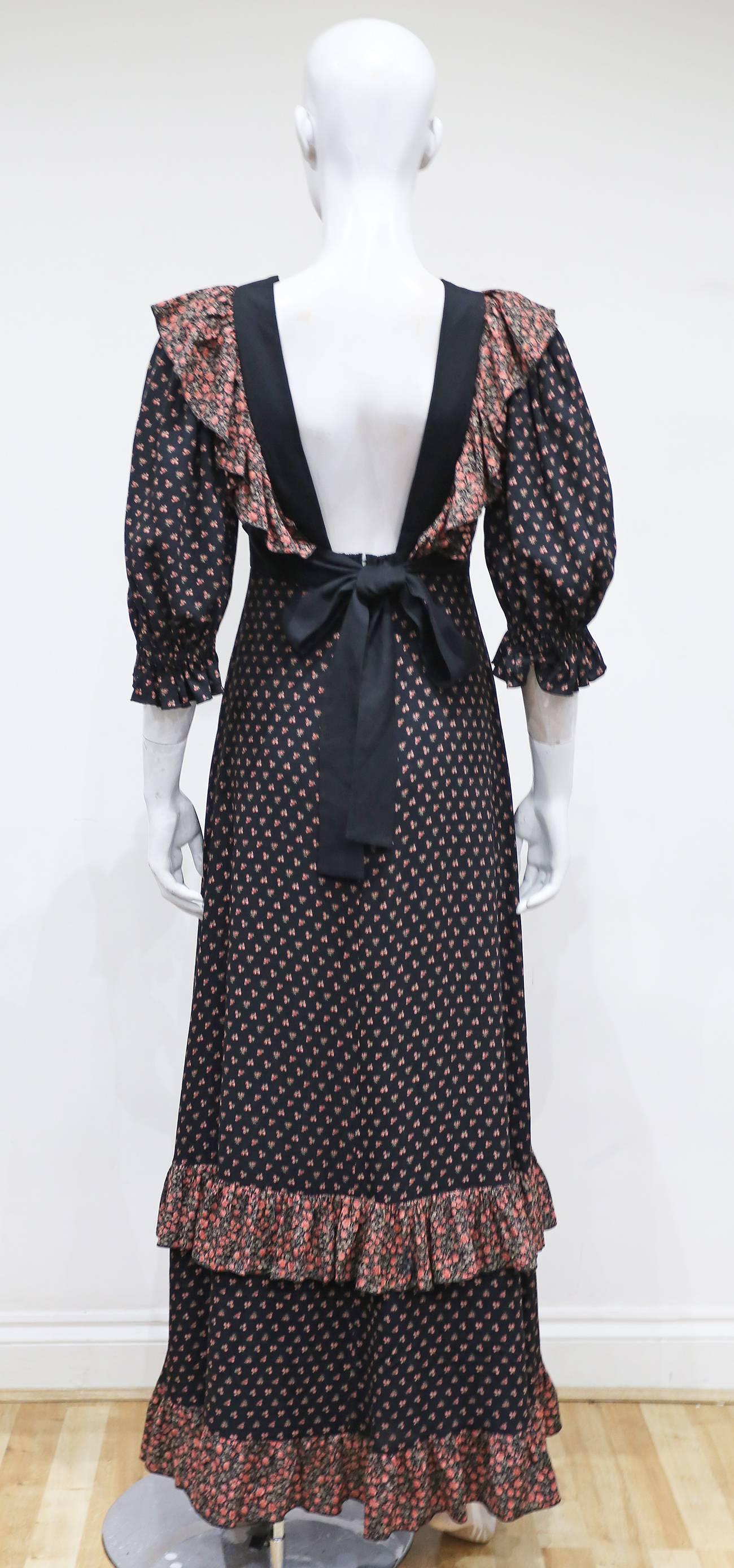 Black Gina Fratini floral maxi dress with low back, c. 1970s
