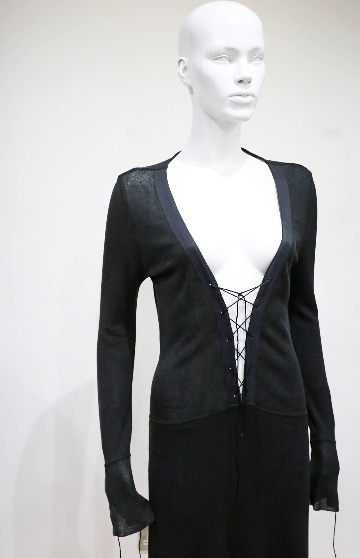 Black Gucci by Tom Ford knitted low plunge lace up dress, c. 1990s