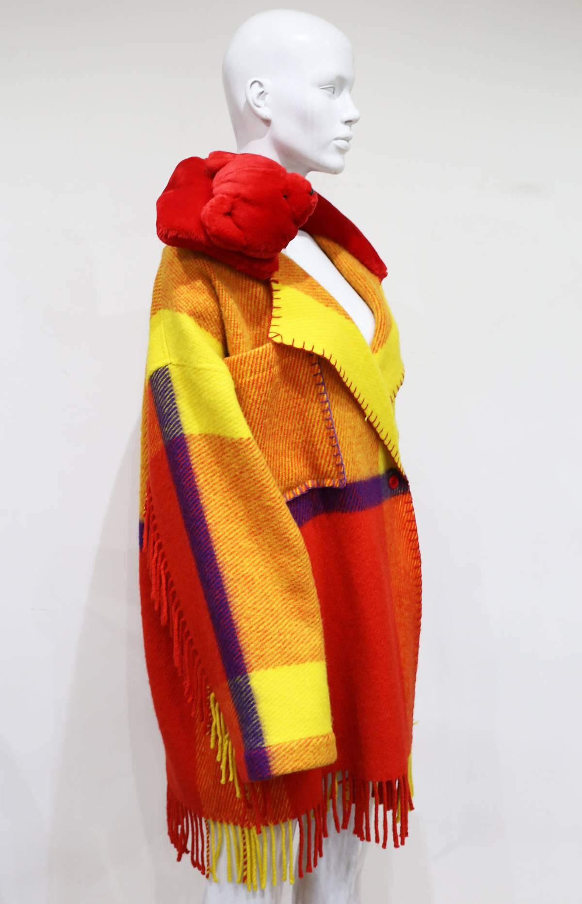 Red Jean Charles De Castelbajac teddybear fringed blanket coat, c. 1990s
