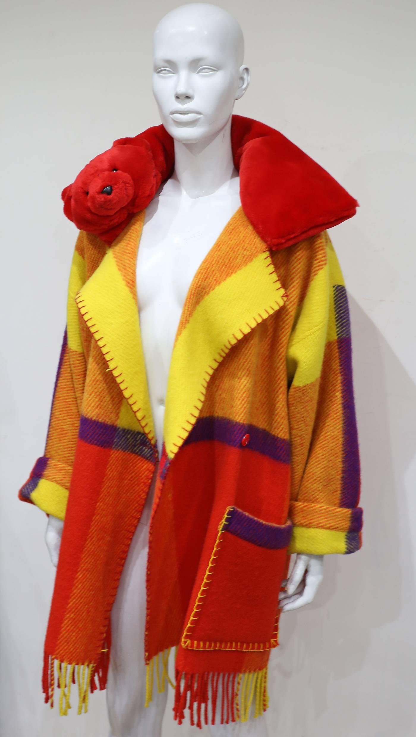 Jean Charles De Castelbajac teddybear fringed blanket coat, c. 1990s 1