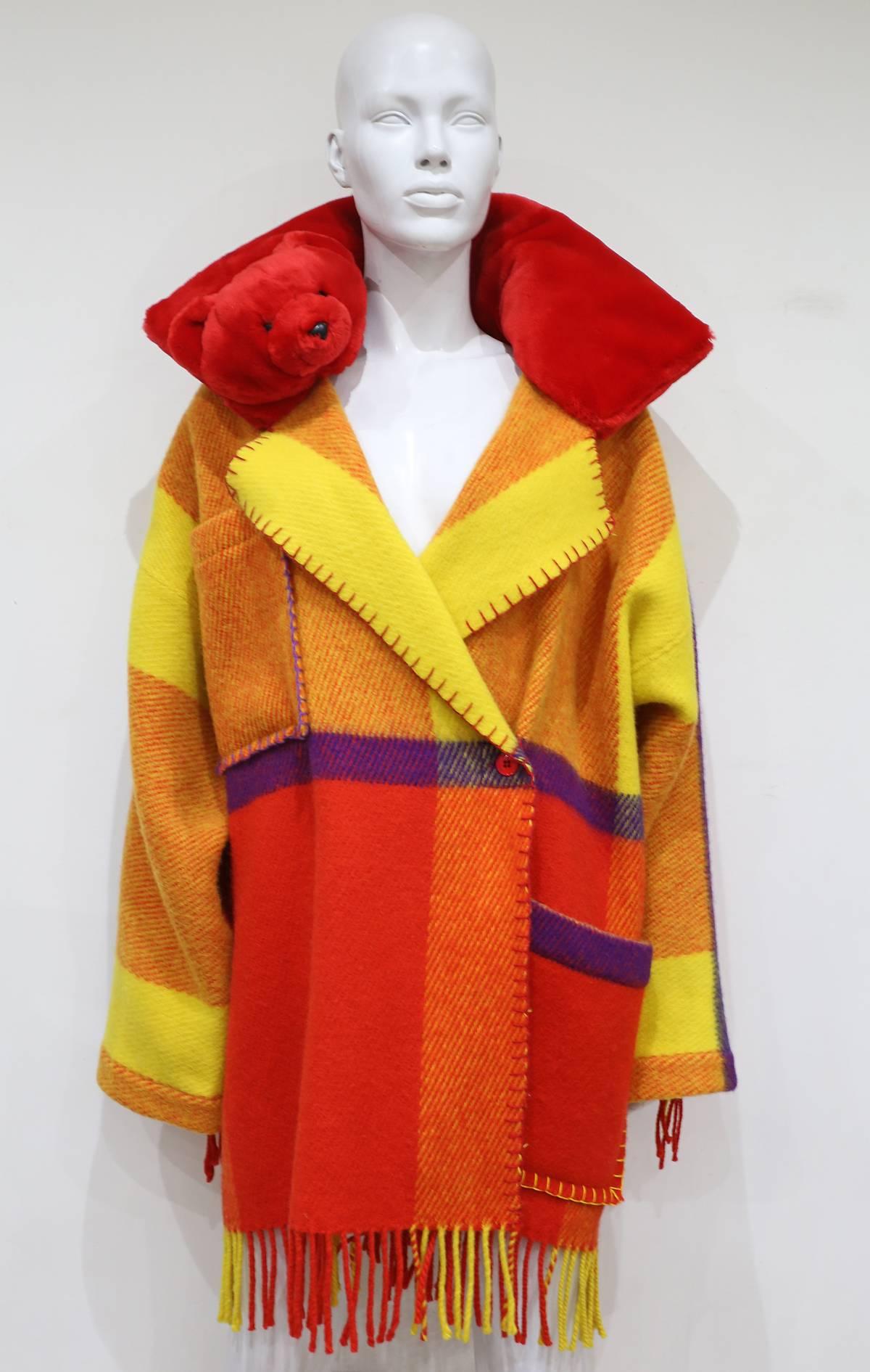 Jean Charles De Castelbajac teddybear fringed blanket coat, c. 1990s 2
