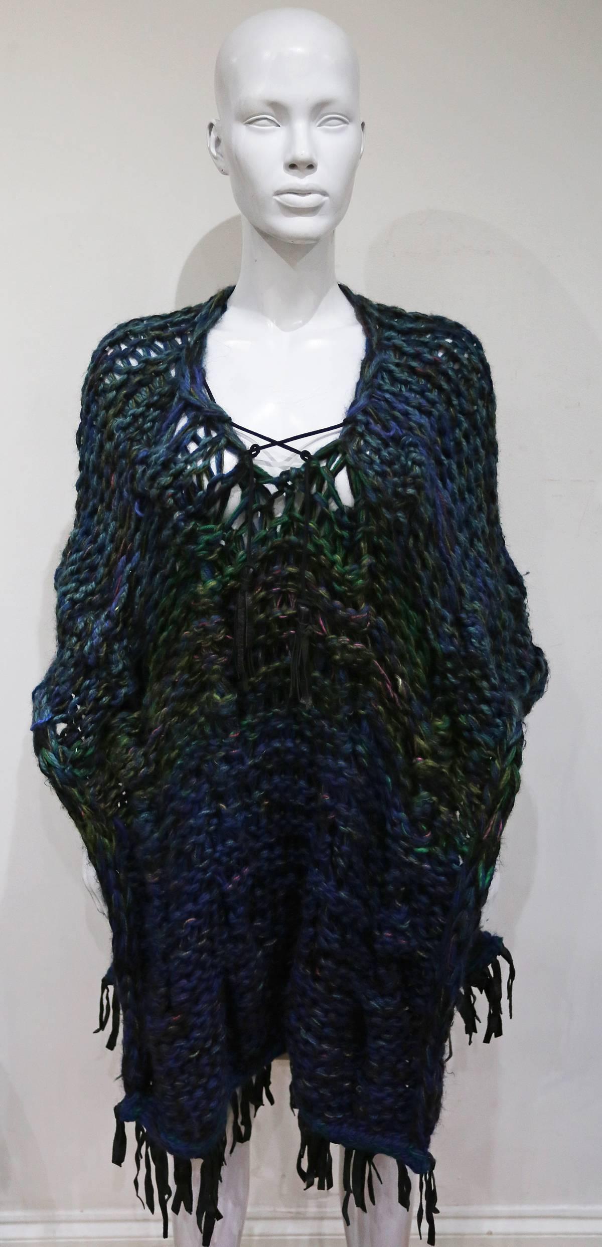 Oversized hand made knitted poncho/vest with leather fringing, c. 1970s In Good Condition In London, GB