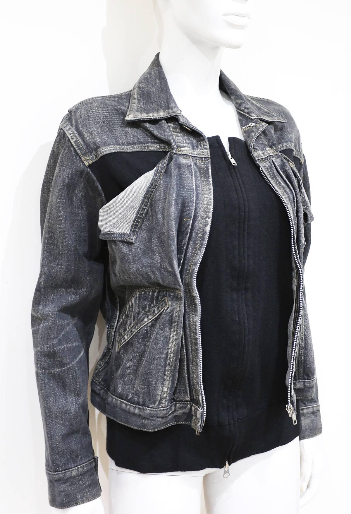 Yohji Yamamoto distressed deconstructed denim jacket, circa 1990s. The jacket features an attached inside black cardigan with a double zipper. 

