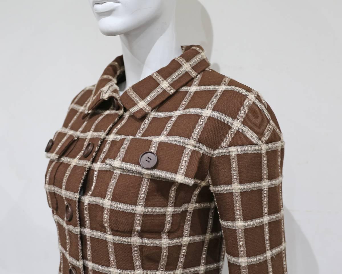Brown Balenciaga couture tailored checked wool skirt suit, c. 1965