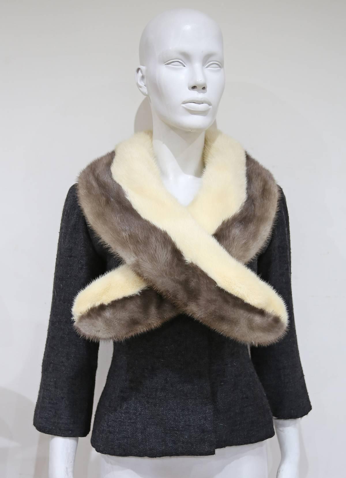 Black Jeanne Lanvin by Castillo tailored woollen jacket with mink fur scarf, c. 1950s For Sale