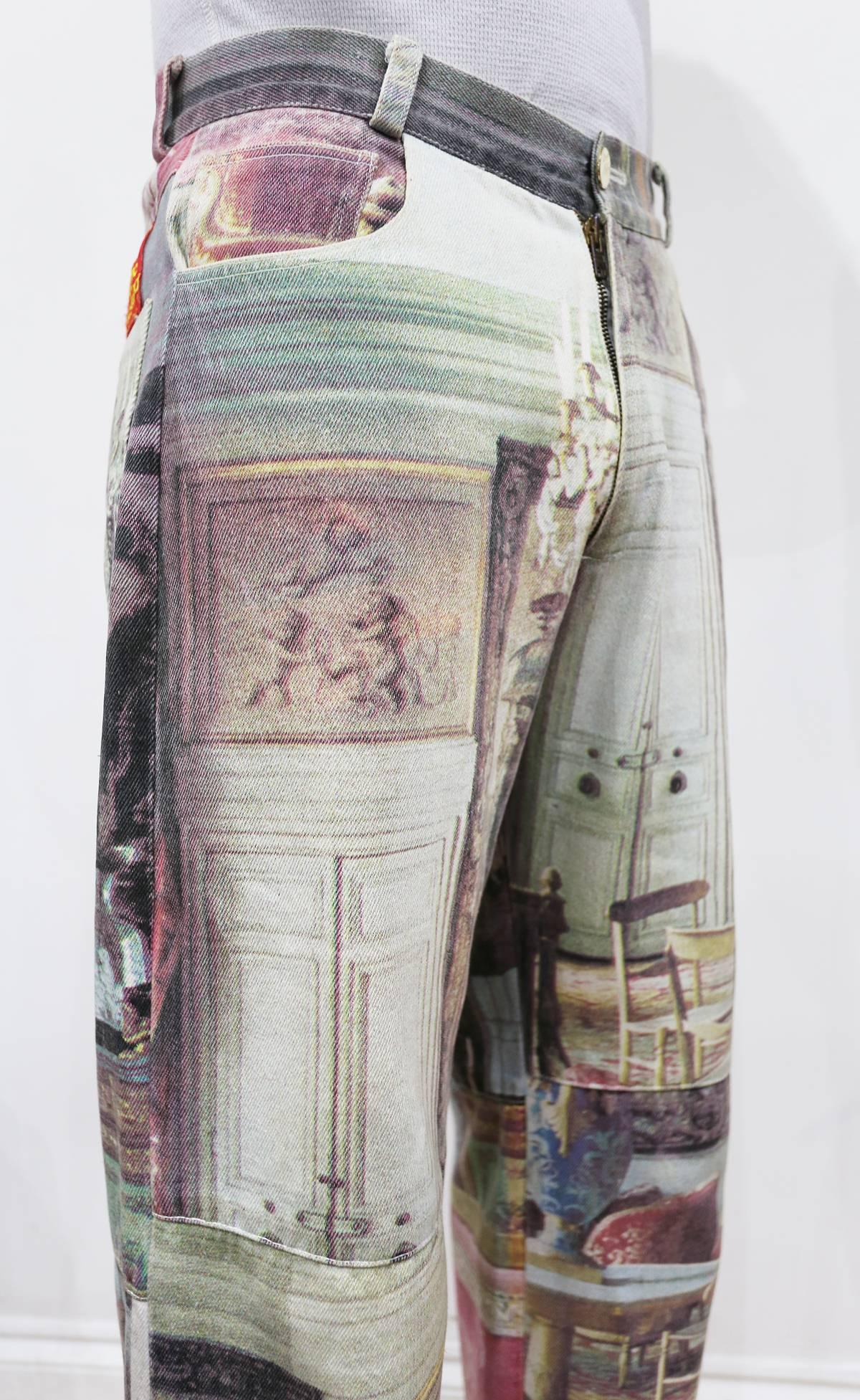 Rare and collectible mens Vivienne Westwood jeans from the 1990s with a patchwork Renaissance interiors print throughout. 

Medium  