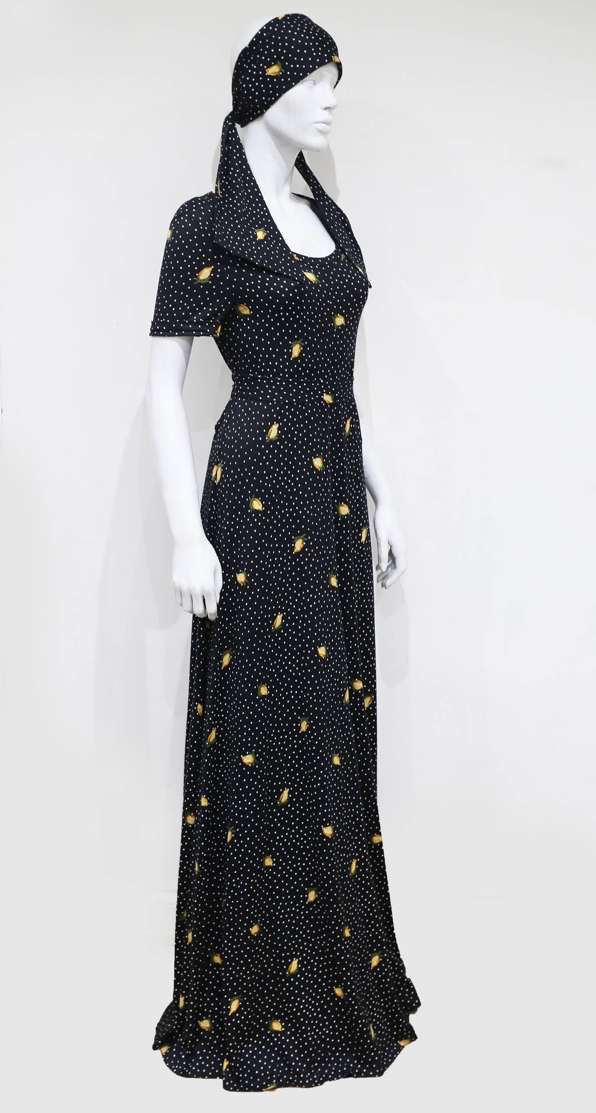 Black Diane Von Furstenberg summer polka dot stretch jersey maxi dress, c. 1970s